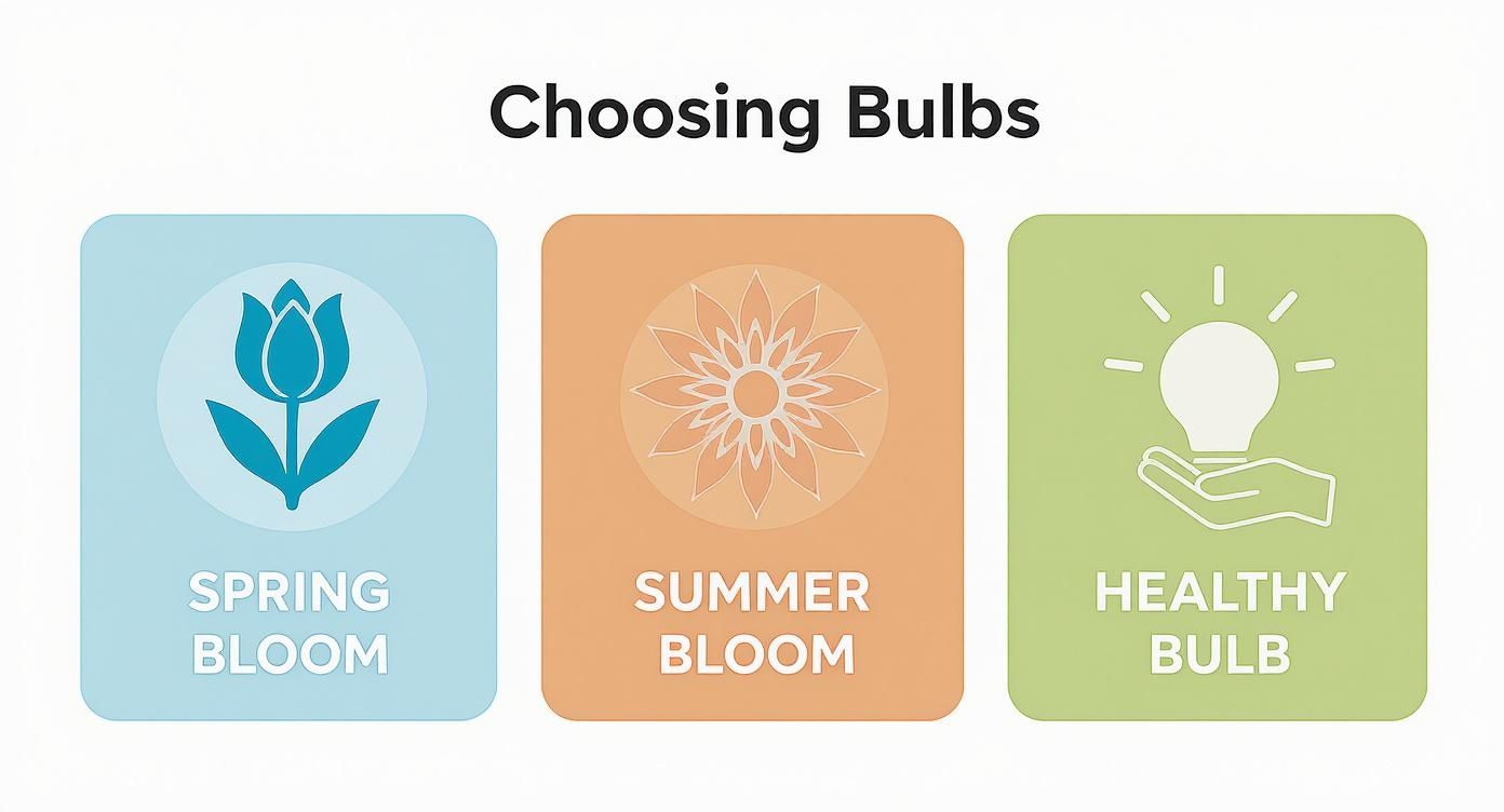 Three colorful cards showing spring bloom tulip, summer bloom flower, and healthy bulb selection guide