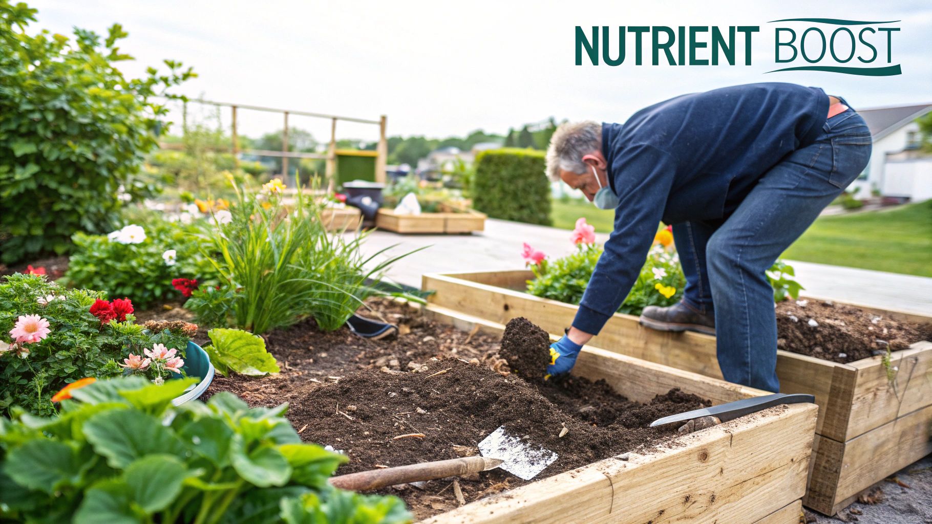A person in orange gloves spreads rich, dark compost over a garden bed.
