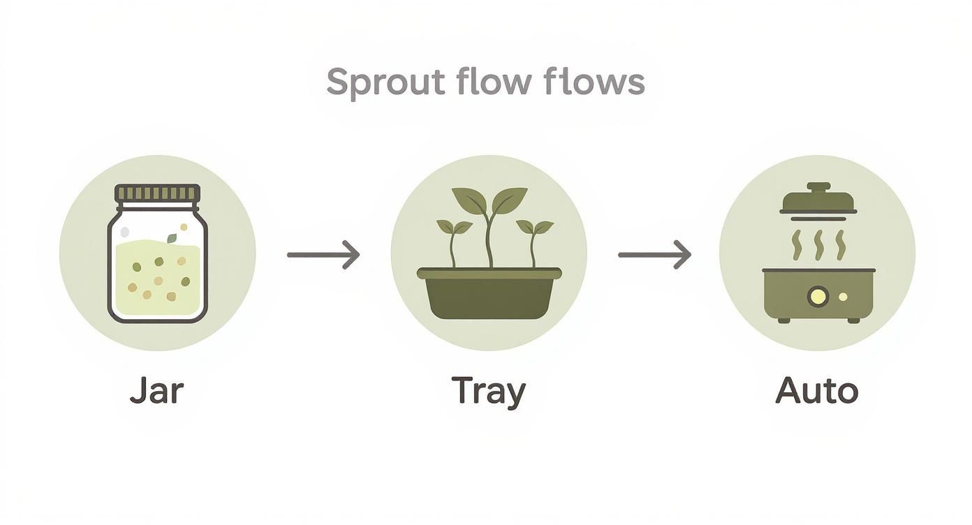 Sprout growing methods illustration: from jar to tray to automated sprouting machine.