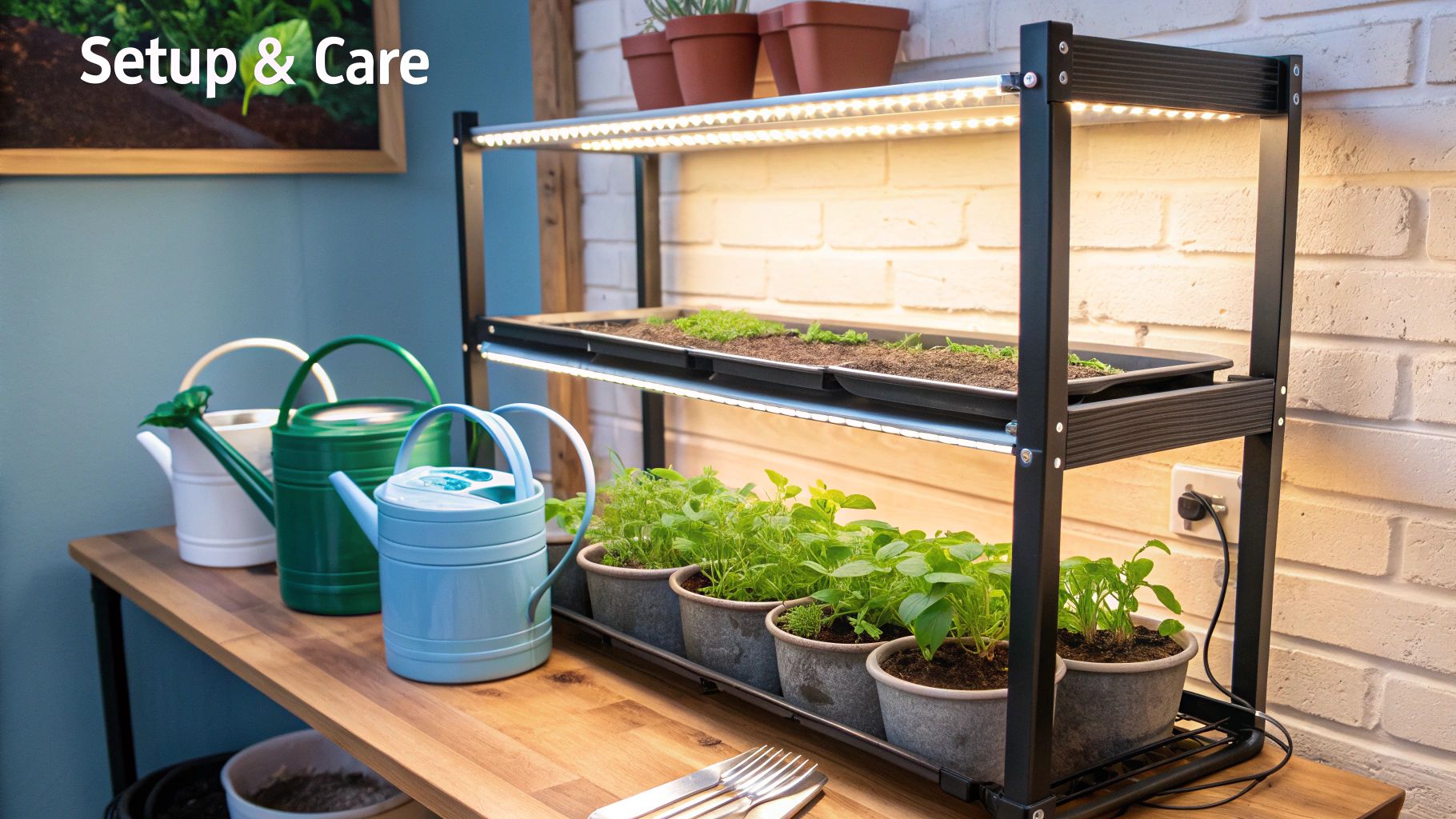 A hand adjusting a full-spectrum LED grow light over a tray of young green seedlings.