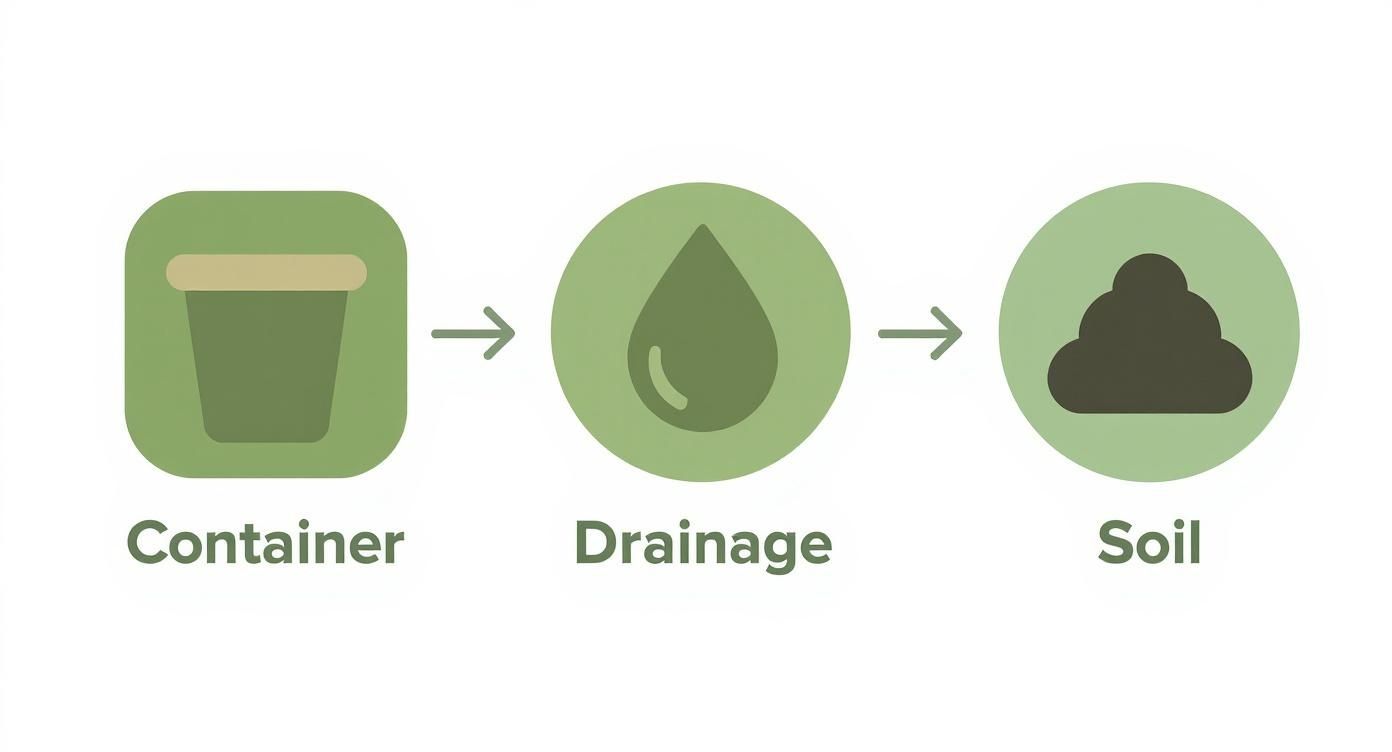 Three green icons illustrate the process of setting up a container garden: container, drainage, and soil.