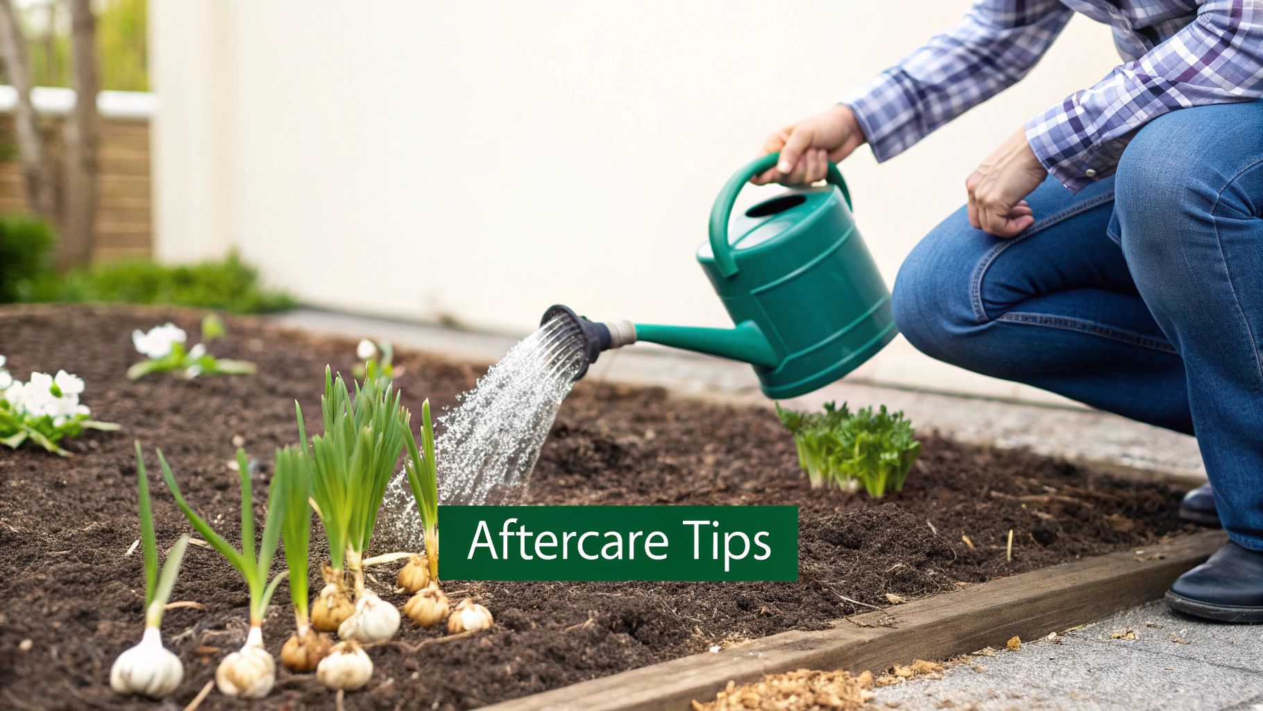 Gardener watering newly planted flower bulbs in raised garden bed with green watering can