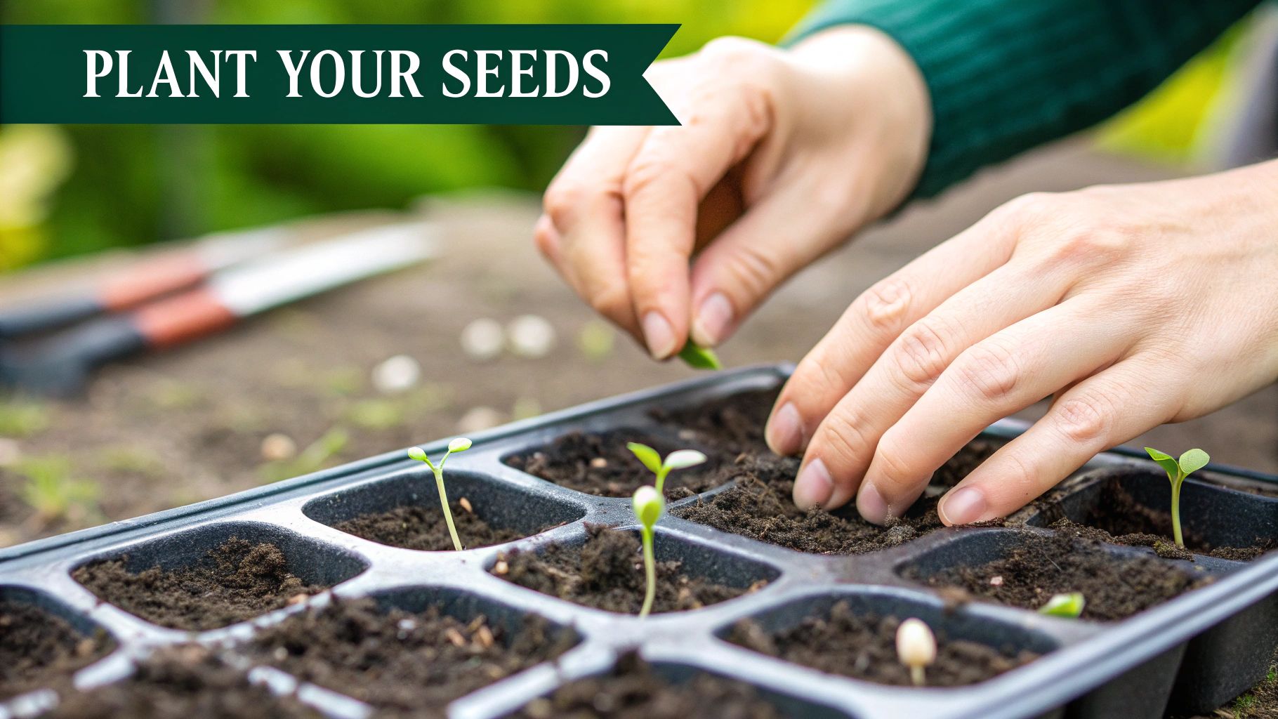 A person's hands gently planting a small seed into a pot filled with dark, rich soil.