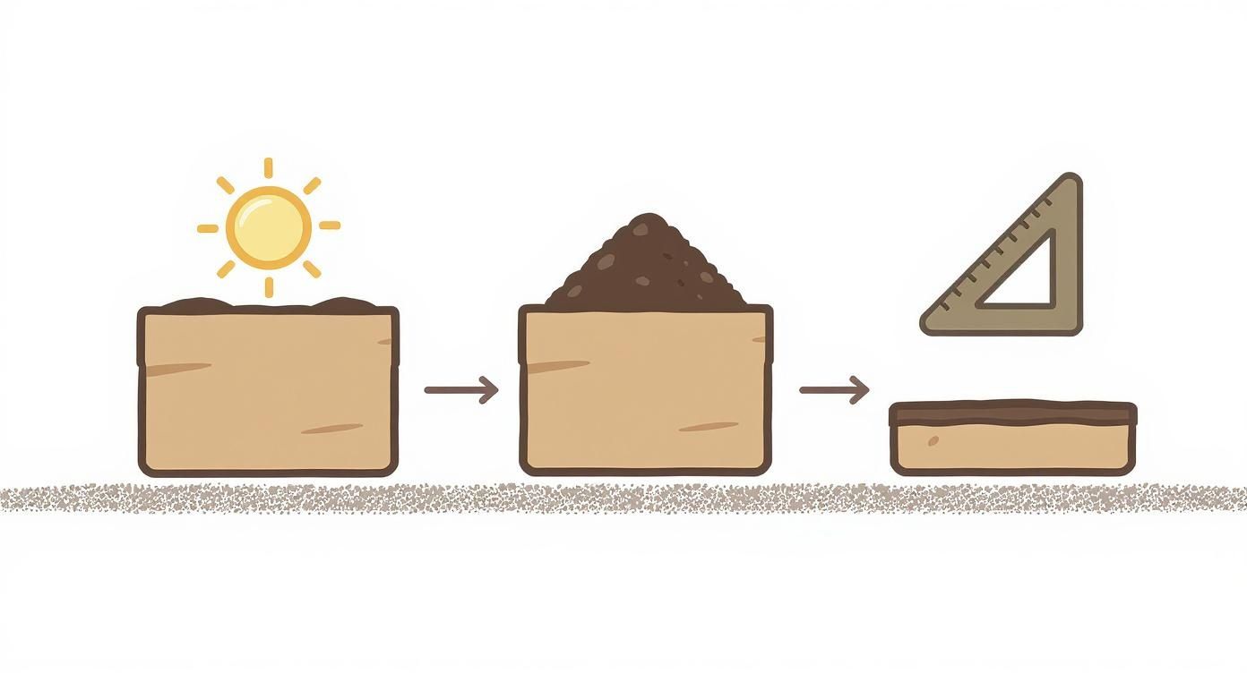 Illustration showing the process of preparing a raised garden bed: initial soil, adding more, and leveling it with a ruler.