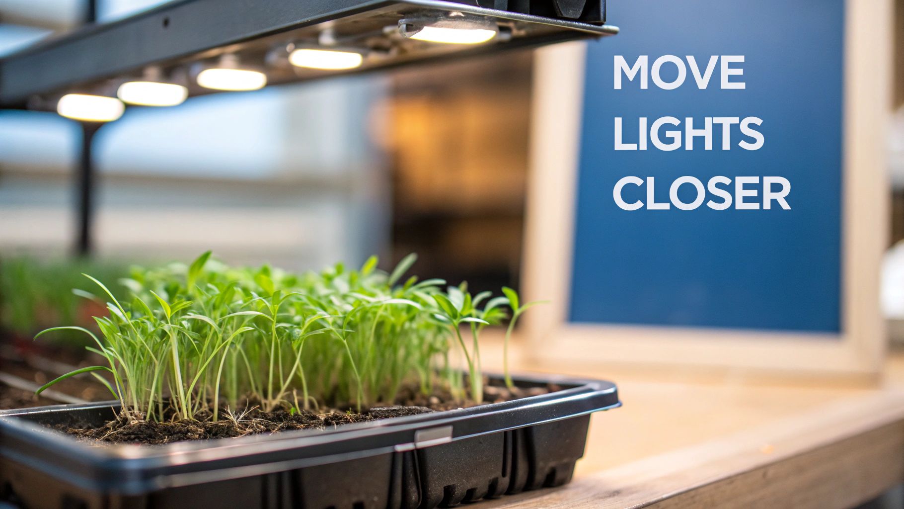 Leggy seedlings stretching under a single grow light, demonstrating the search for light.