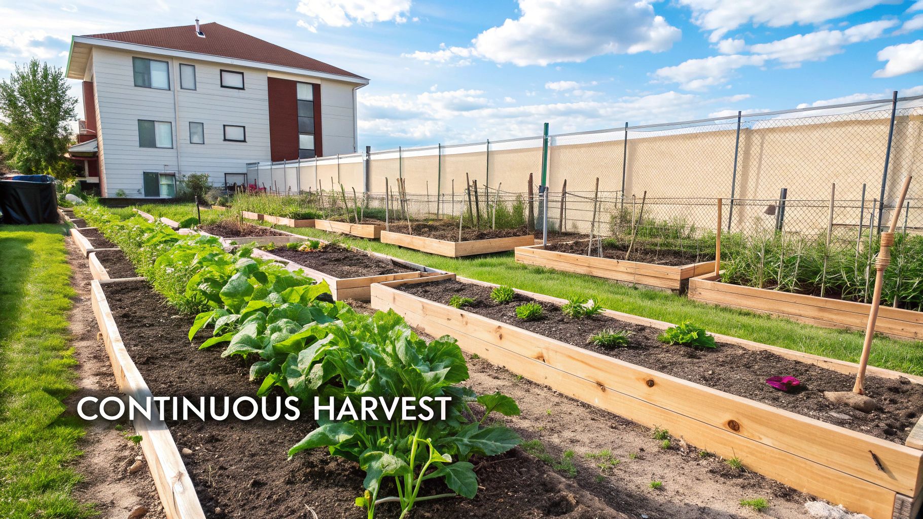 A gardener planting seedlings in a neat row in a raised garden bed