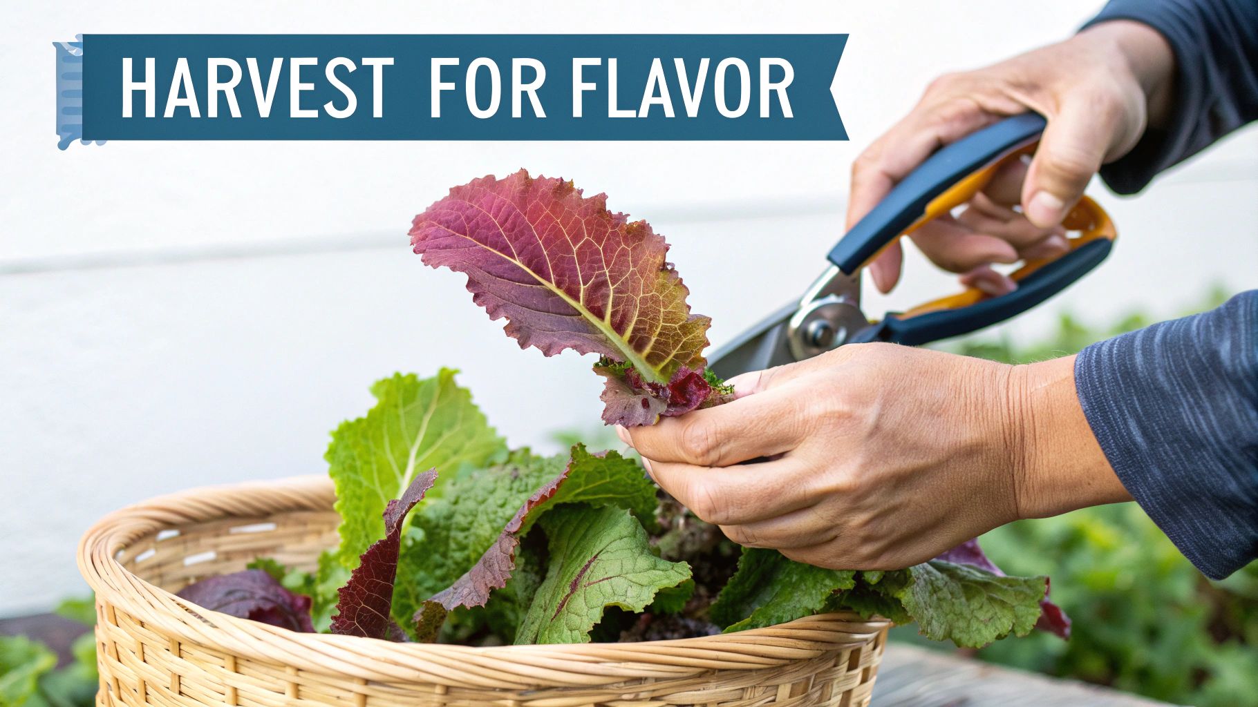 Hands using pruning shears to harvest vibrant red and green mustard greens into a woven basket.