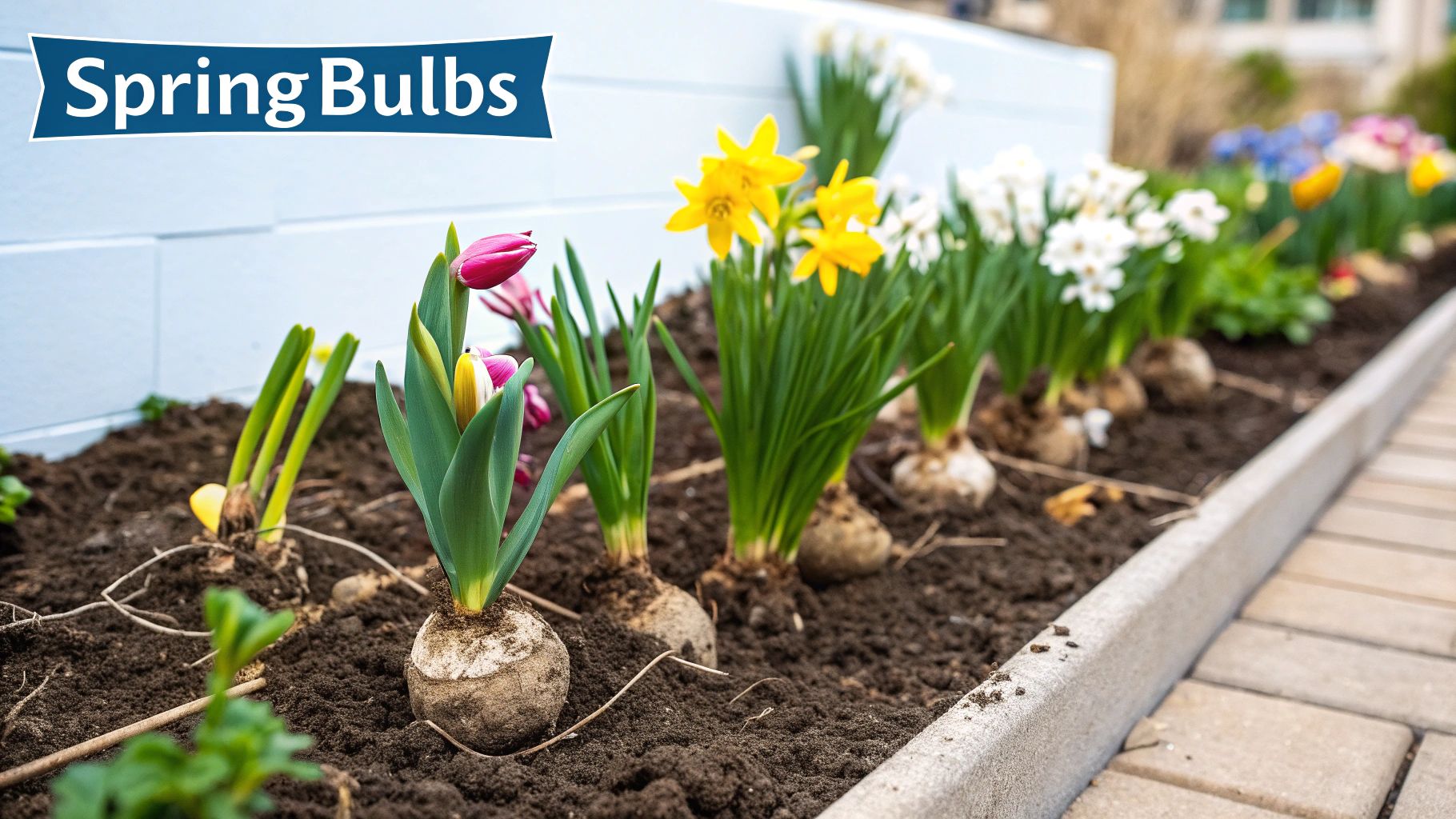Colorful spring bulbs like tulips and daffodils blooming in a garden.