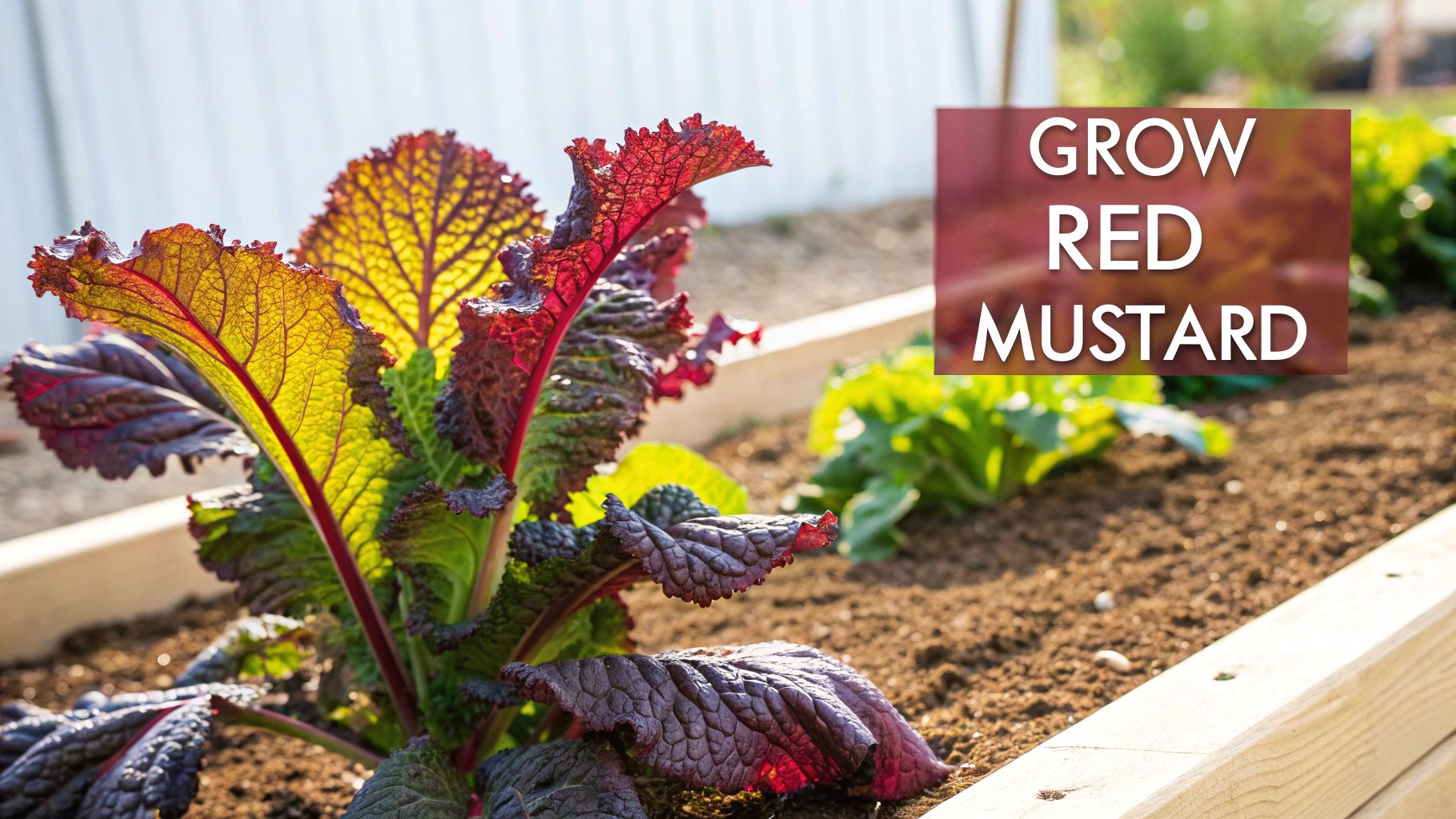 Vibrant red mustard greens growing in a sunny raised garden bed with a 'GROW RED MUSTARD' text overlay.
