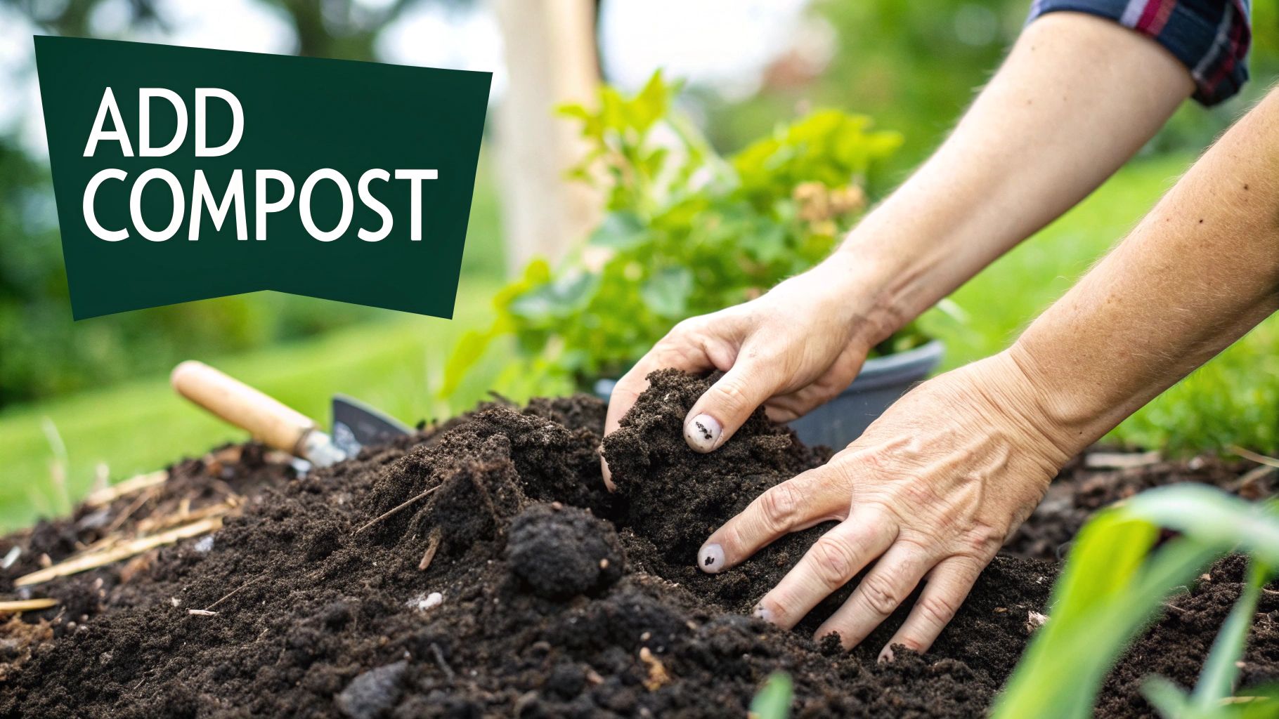 A gardener using a broadfork to aerate a garden bed, showcasing a physical method to improve soil structure.