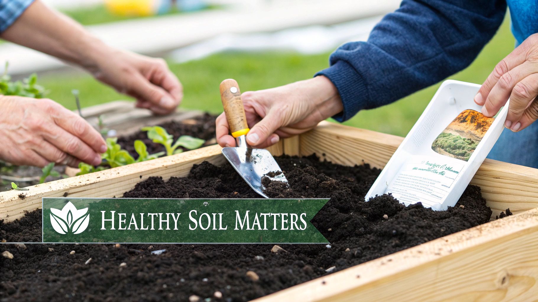 Close-up shot of rich, dark garden soil being turned over with a small hand trowel, showing its loose texture.