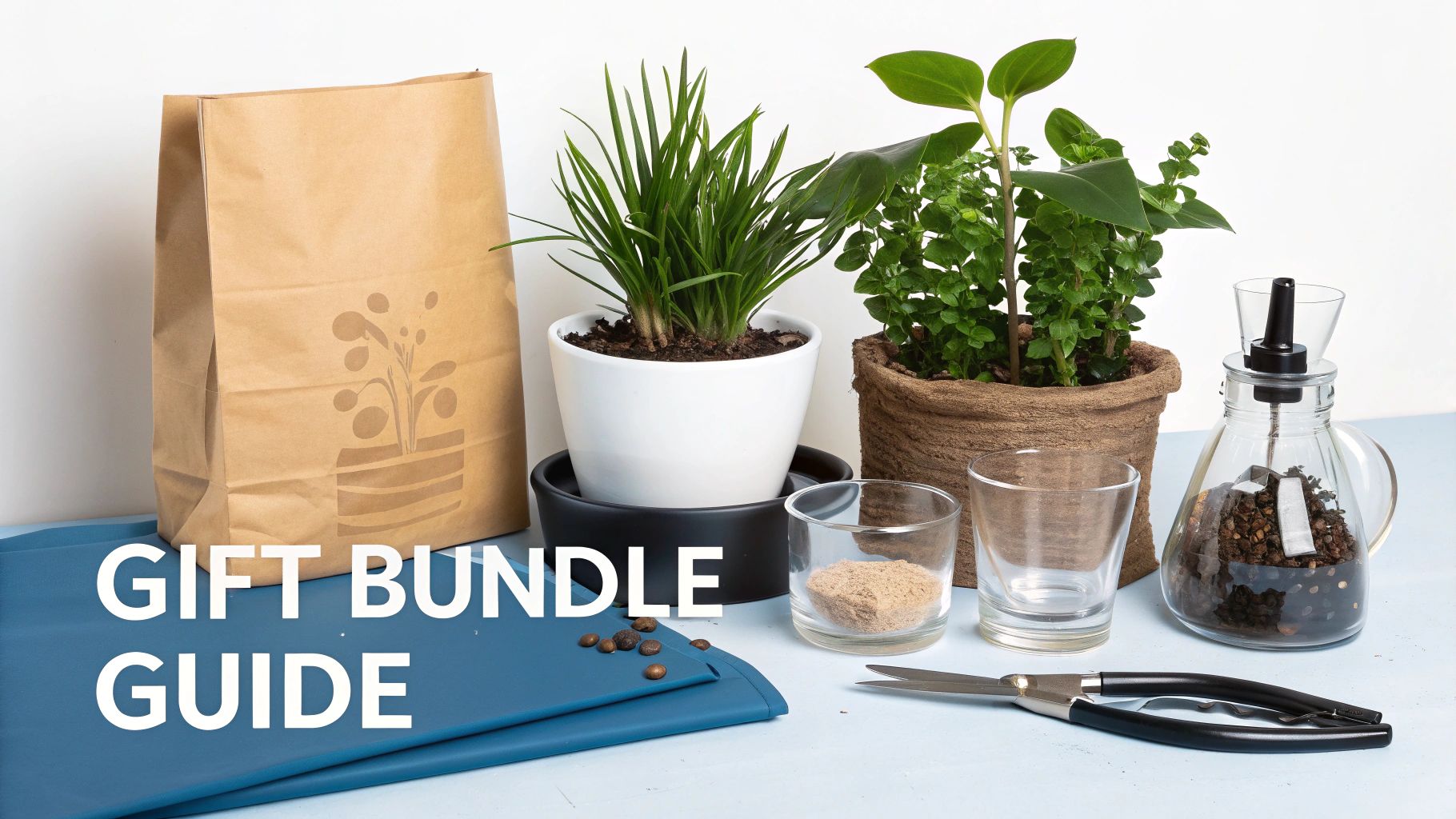Gift bundle guide with potted plants, gardening tools, and accessories on blue surface
