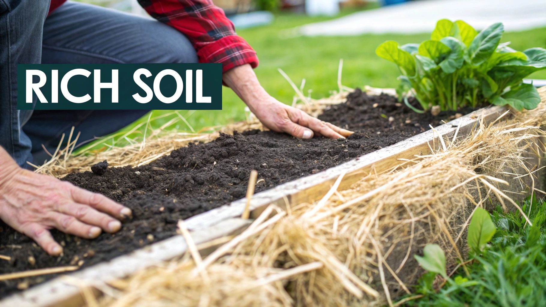A person's hands gently prepare rich, dark soil in a raised garden bed with straw, ready for planting vegetables.