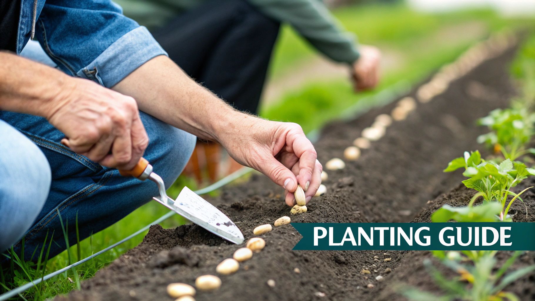 Close-up of a gardener's hands carefully planting bean seeds in a prepared soil bed with a trowel.