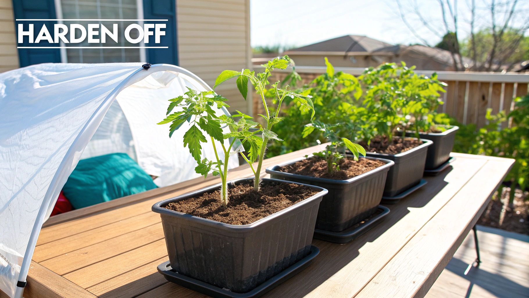 A gardener's hands holding a tray of small tomato seedlings outdoors on a sunny day