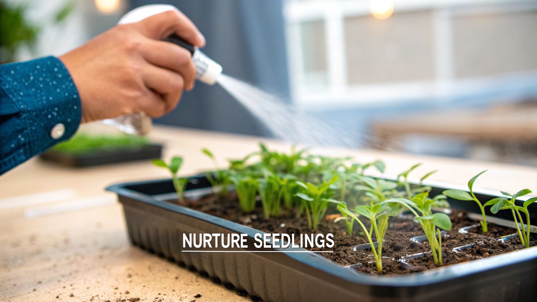 A person inspecting small green seedlings growing in a seed starting tray.