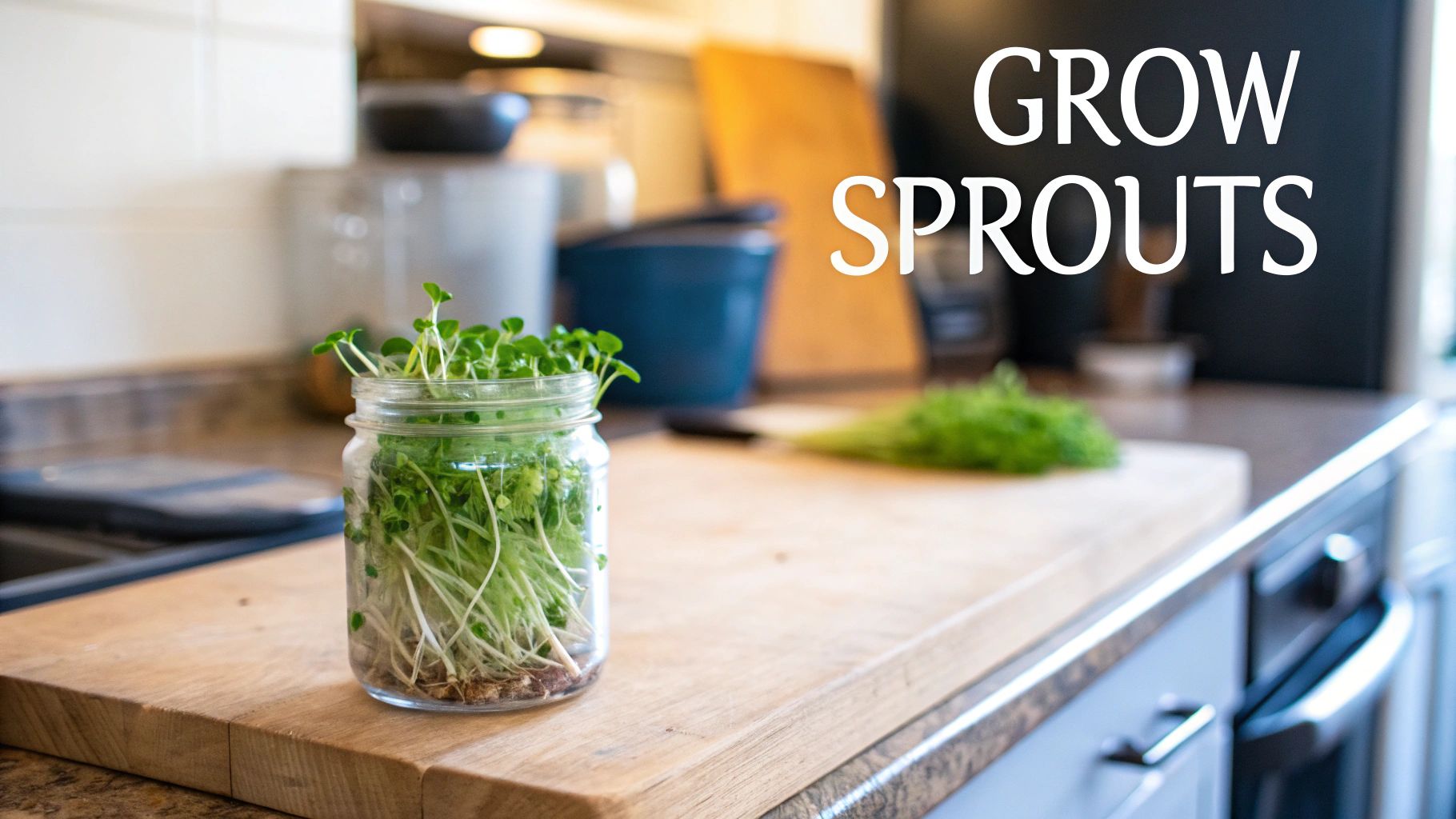 A glass jar filled with fresh green sprouts sits on a wooden kitchen cutting board.