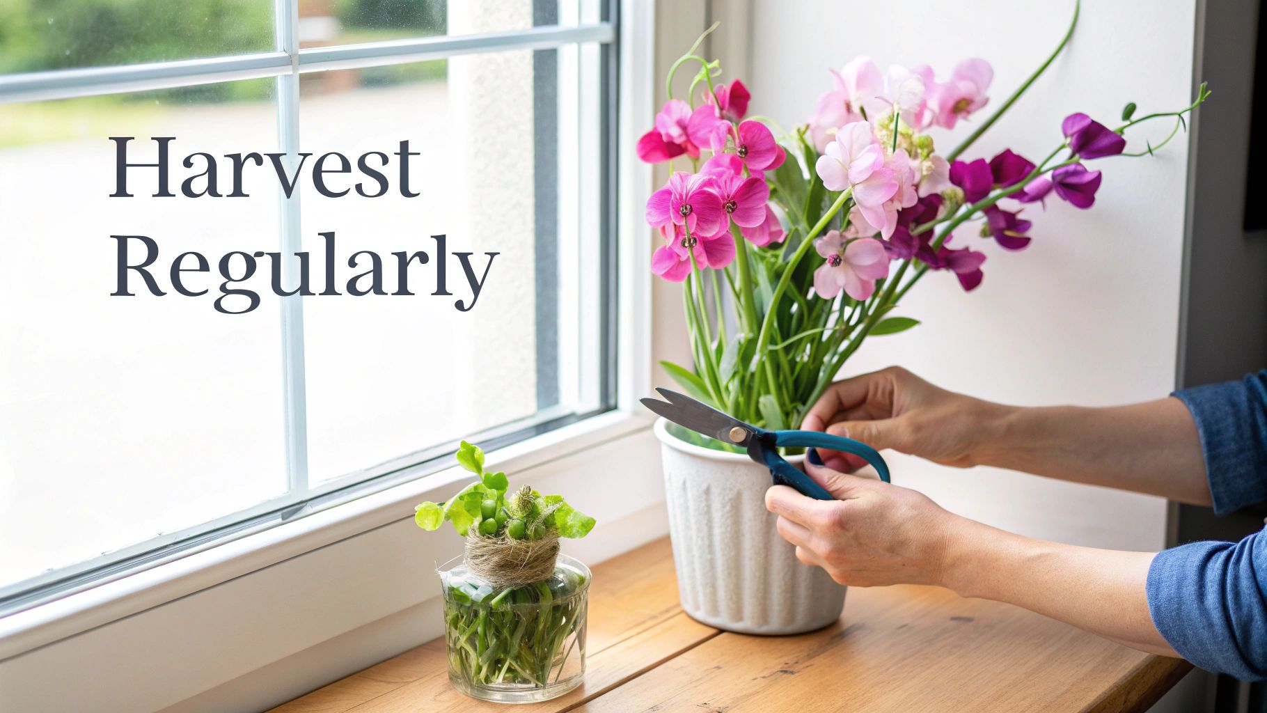 A person's hand holding a freshly cut bouquet of fragrant sweet pea flowers in various colors.