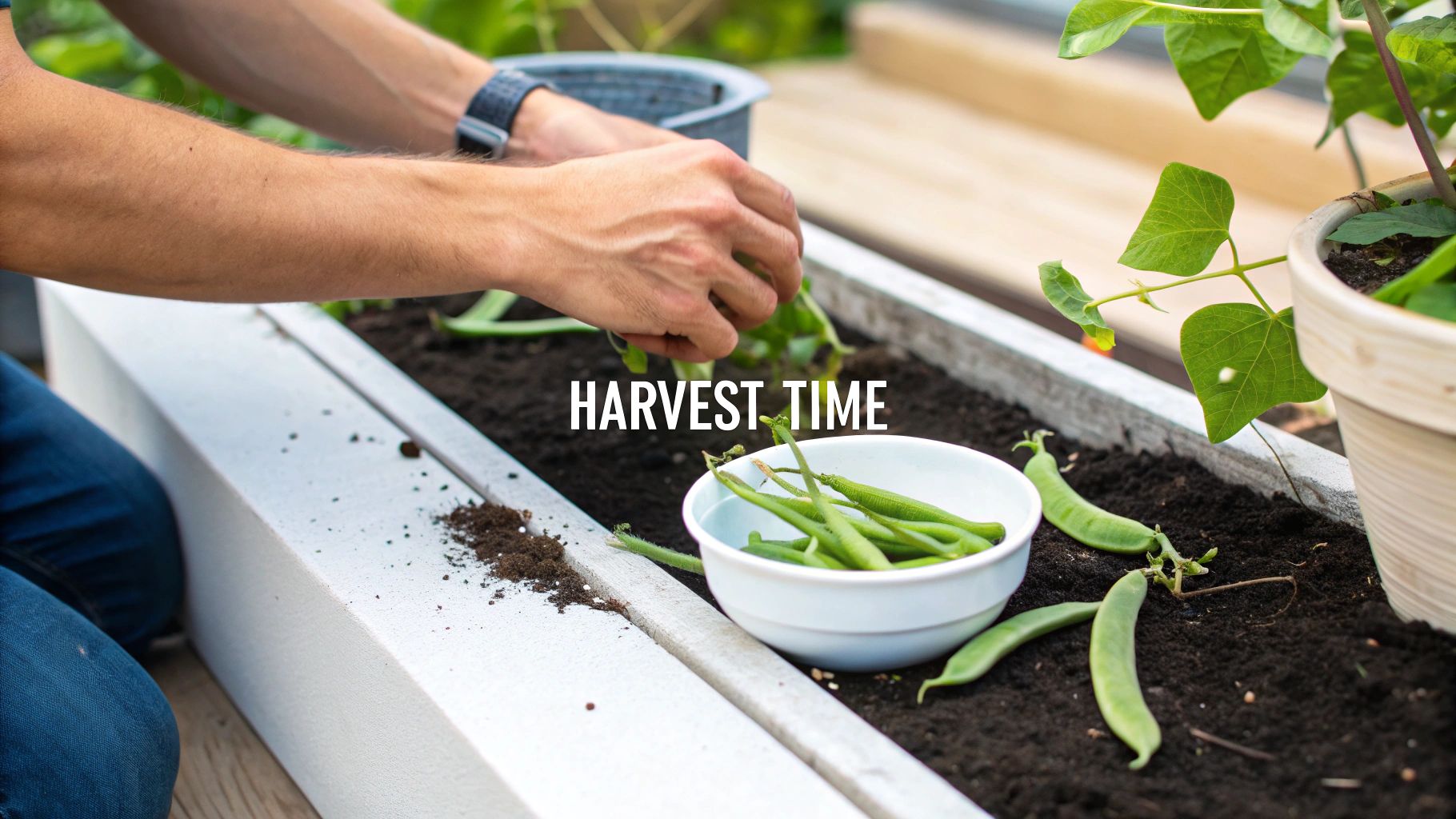 Hands harvest fresh green beans from a raised garden bed, with a bowl full of picked beans.