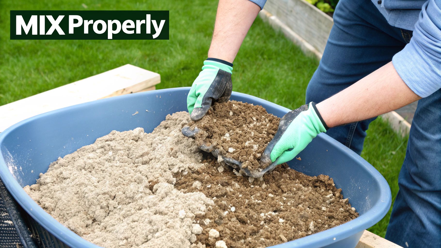 A close-up shot of hands mixing potting soil ingredients in a large black tub.