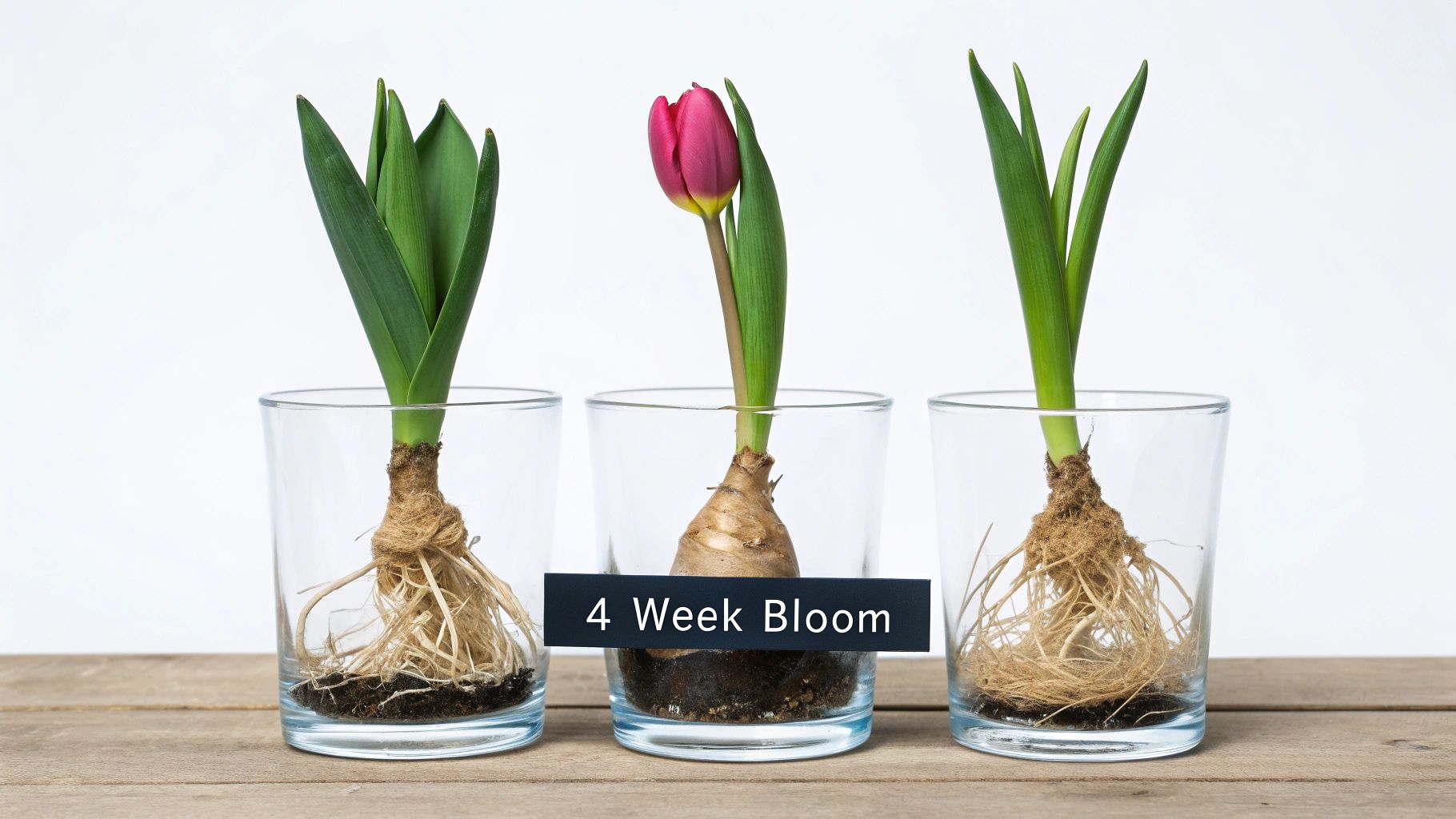Three tulip bulbs growing in clear glasses with visible roots, one blooming pink with a '4 Week Bloom' label.