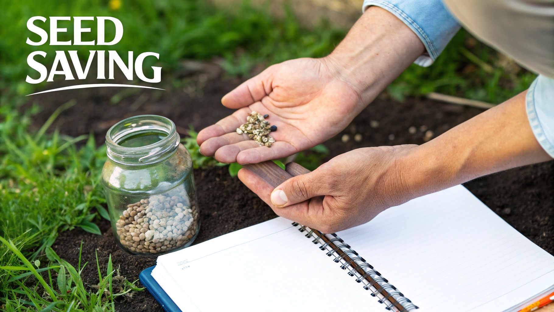 Hands holding various seeds over a notebook, next to a jar of seeds, in a garden.