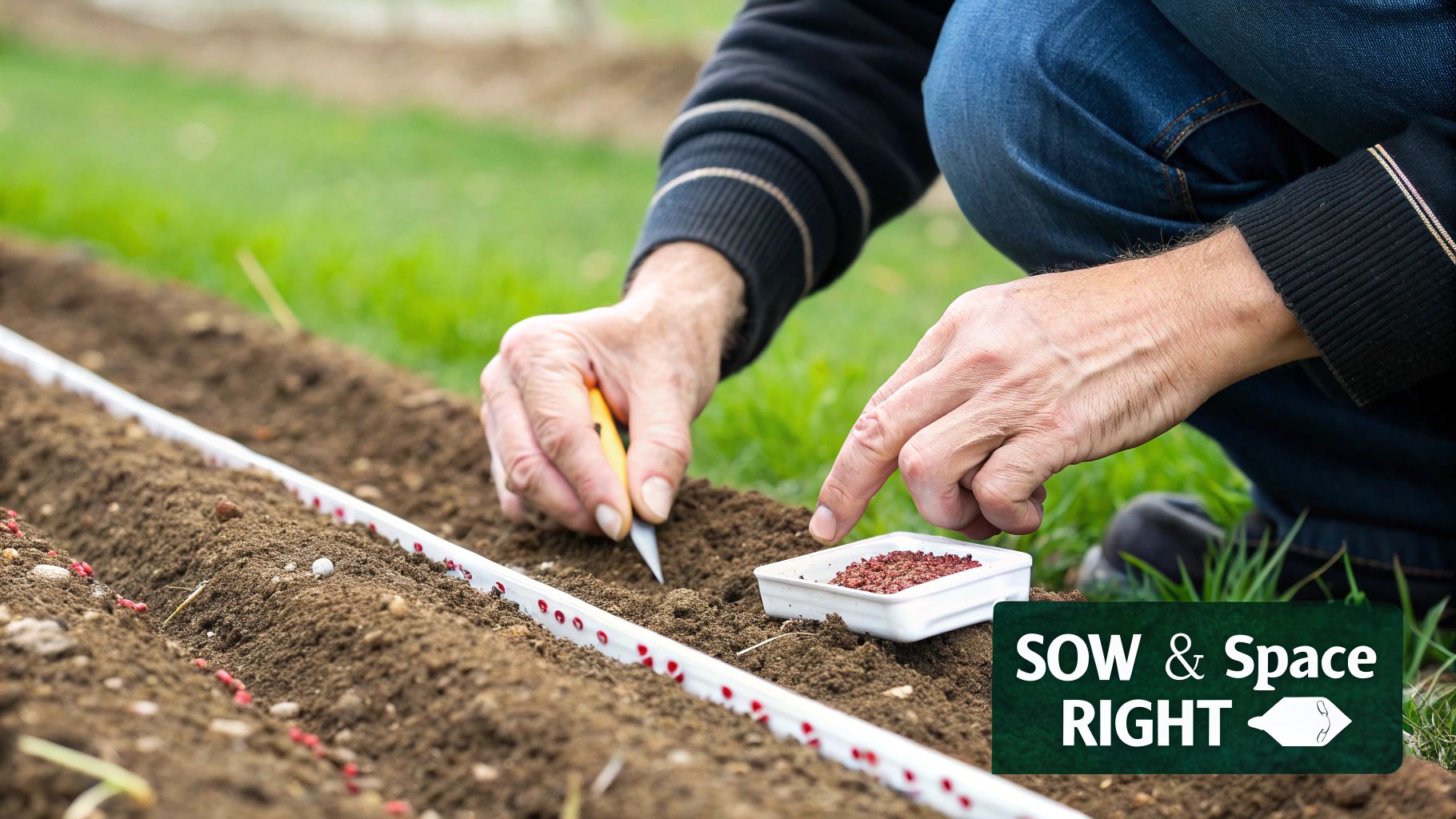 Gardener's hands carefully planting seeds along a row with a seed spacer in prepared soil.