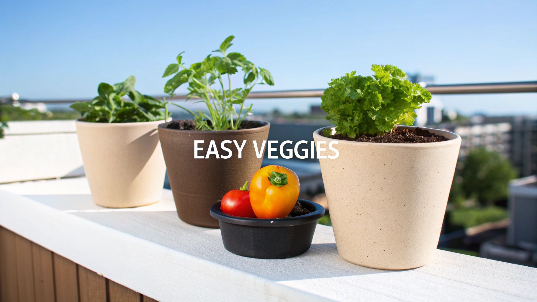 Potted herbs and vegetables, including tomatoes and peppers, arranged on a balcony with "EASY VEGGIES" text.
