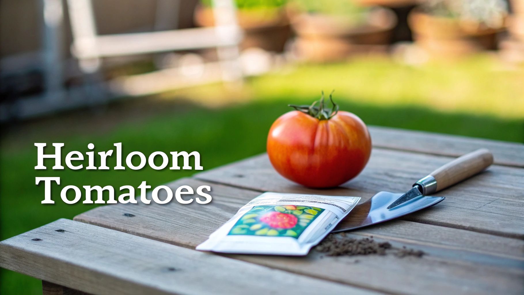 A vibrant heirloom tomato, seed packet, and gardening trowel on a rustic wooden table in a garden.