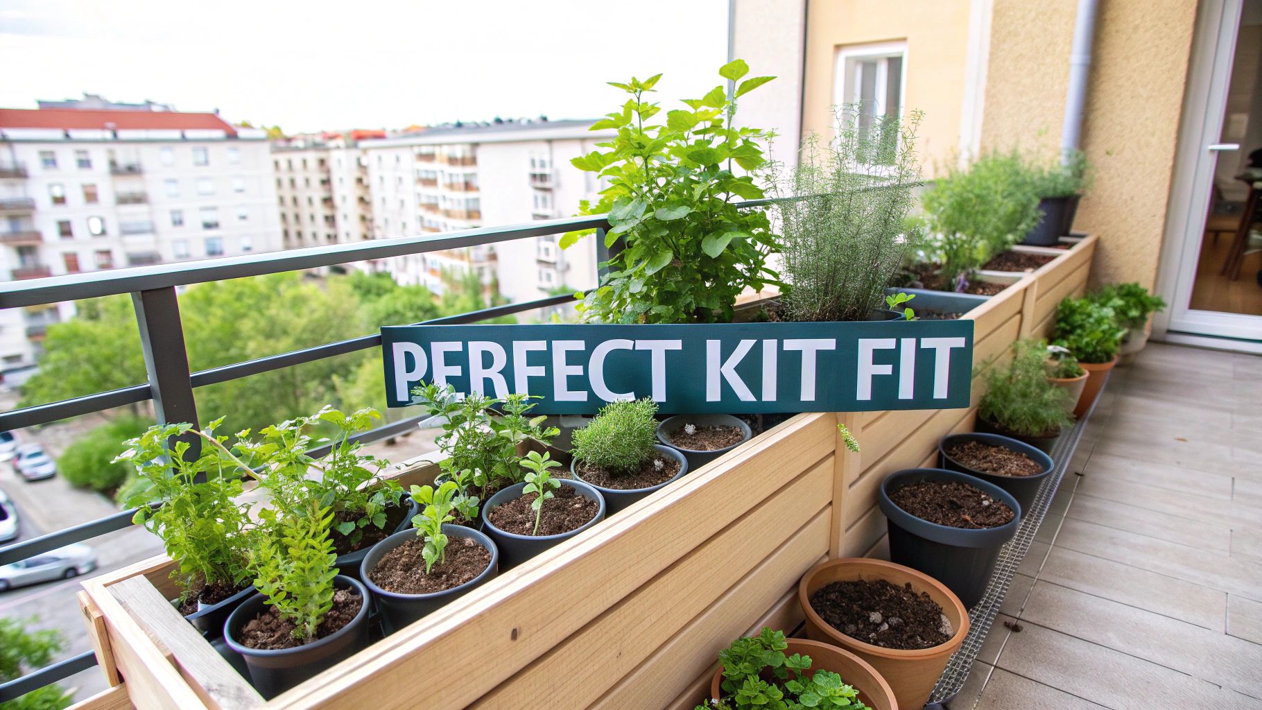 A collection of small pots with herbs growing on a bright windowsill.