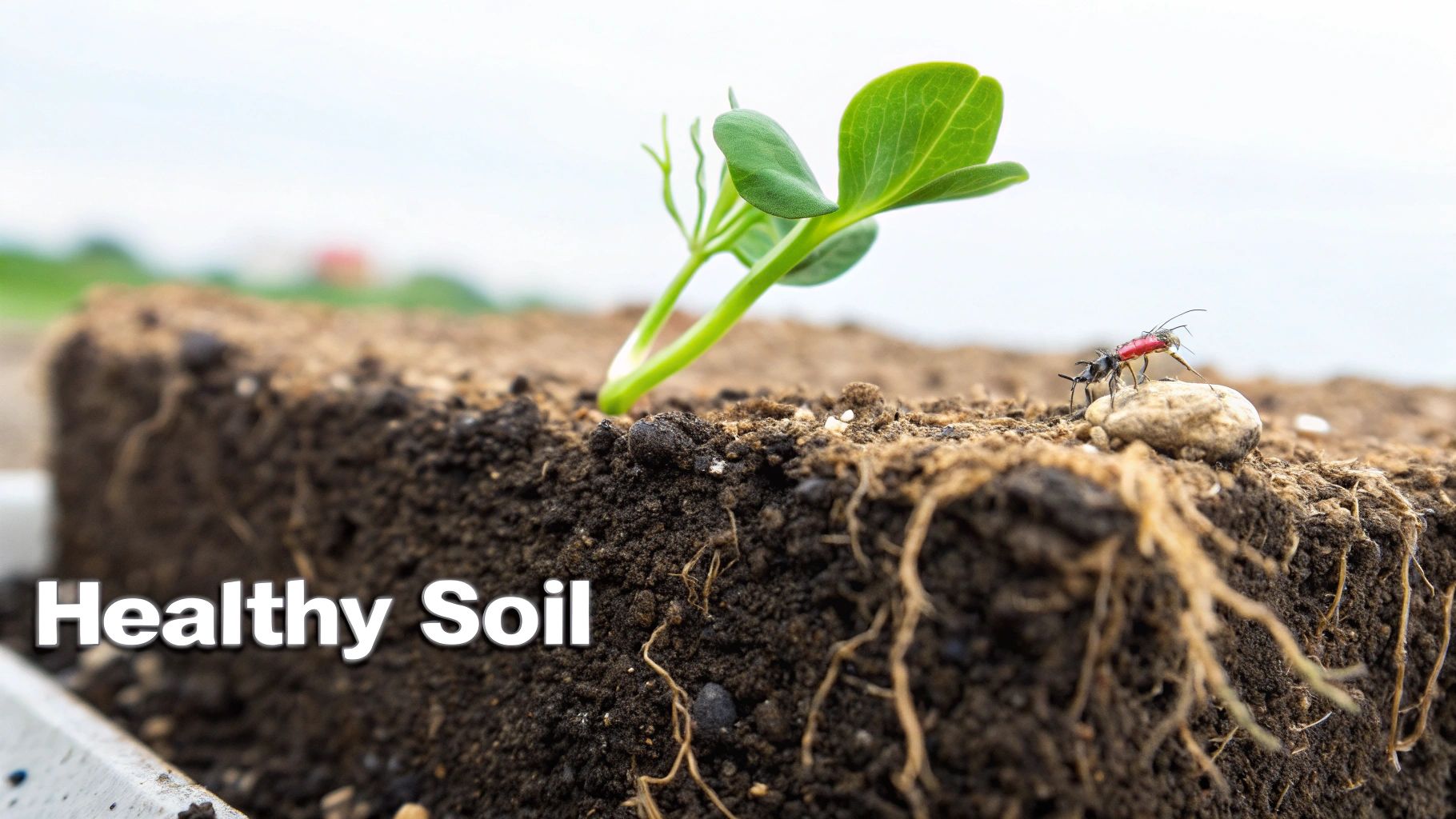 Several rows of different healthy crops growing in a sunny garden, showing the diversity of crop rotation.