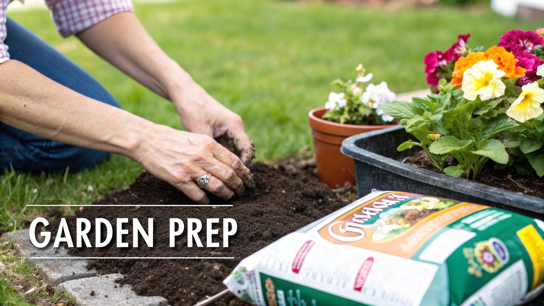 A person kneels on grass, hands in dark soil, preparing a garden bed with colorful flowers.
