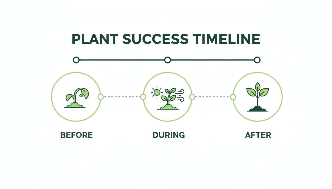 Plant success timeline illustrating a seedling's growth from a small sprout to a mature plant.