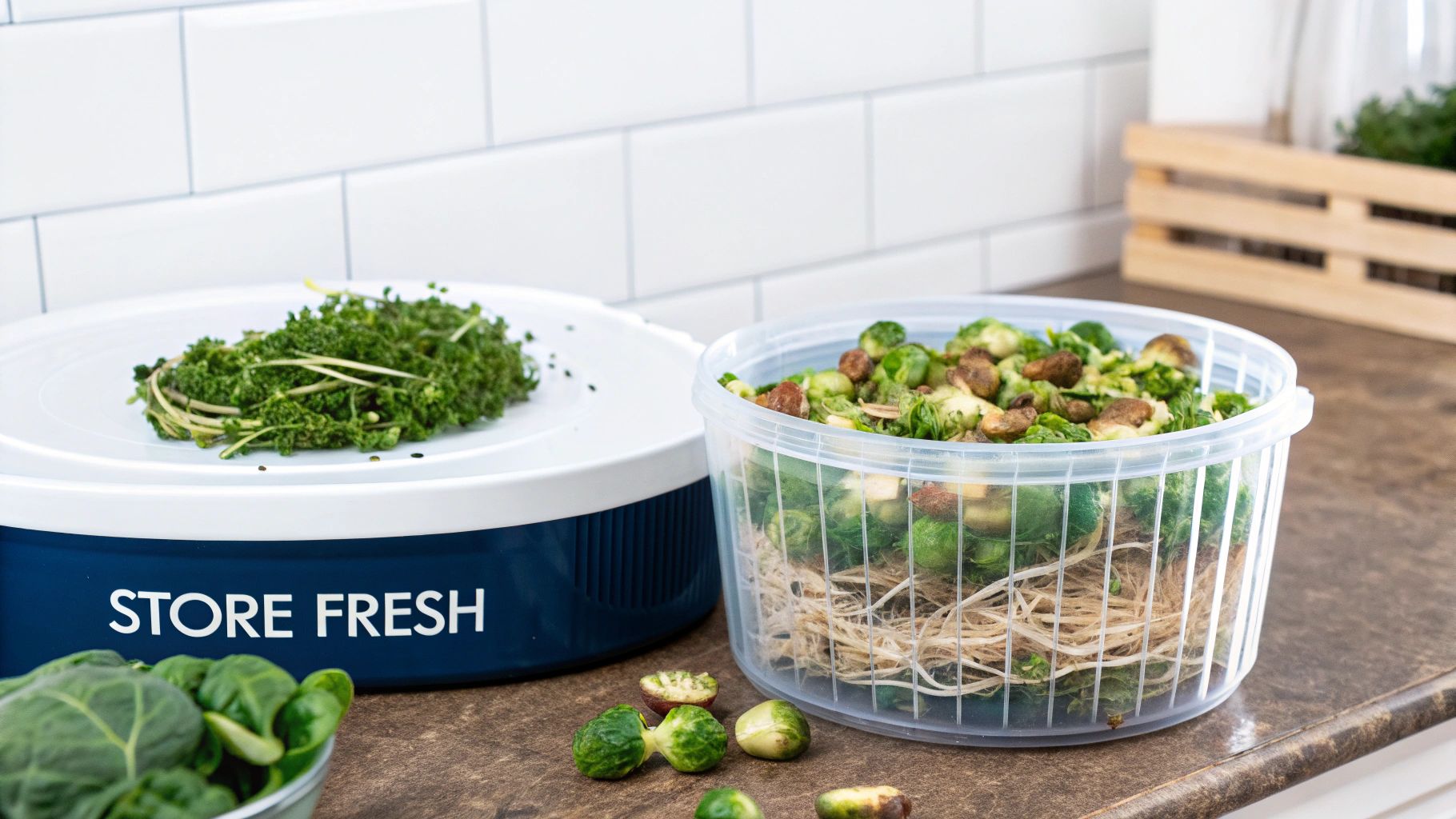 Fresh Brussels sprouts and leafy greens in storage containers on a kitchen counter.