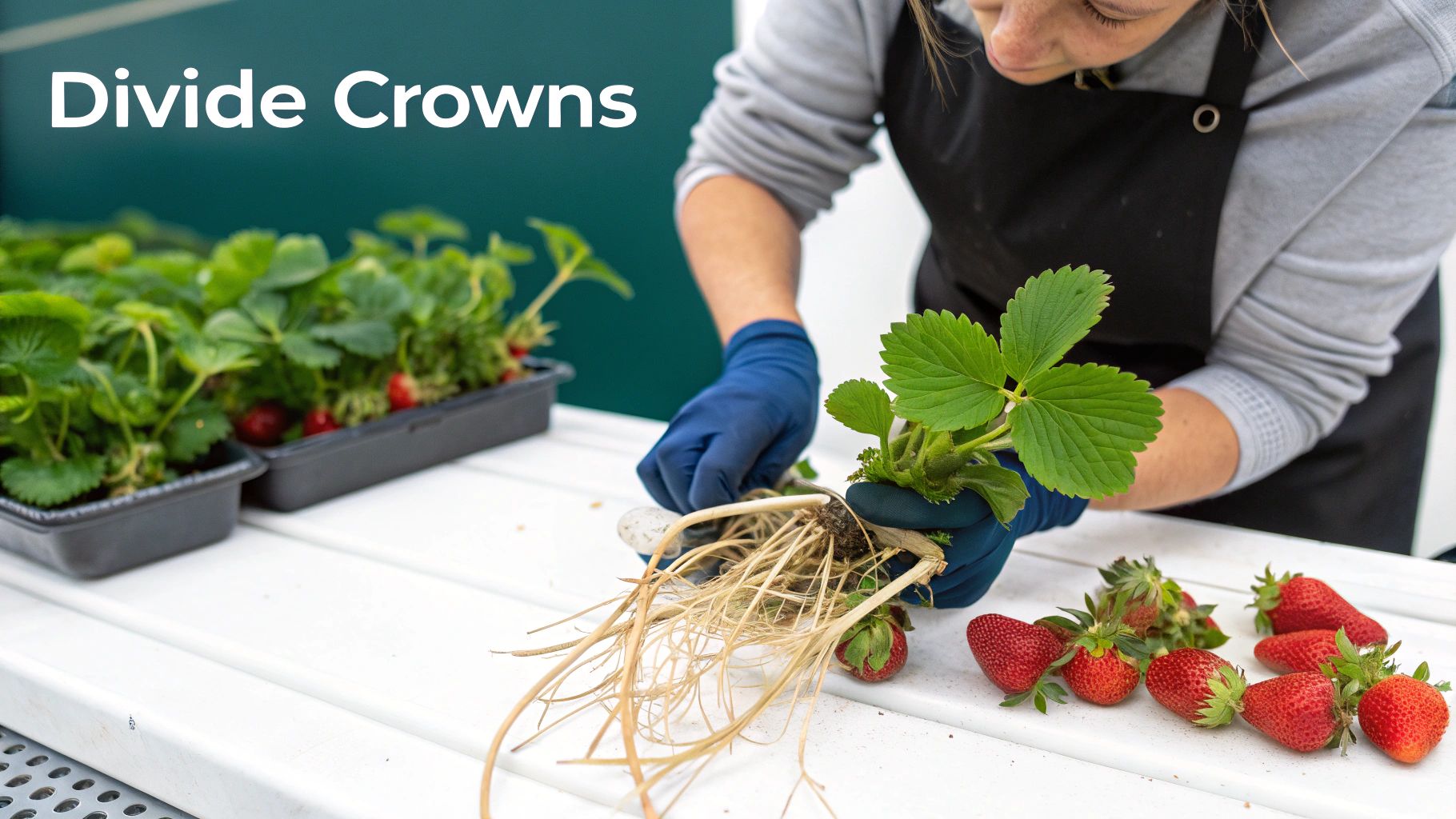 A person in blue gloves divides a strawberry plant's crown, showing its roots. Fresh strawberries are nearby.