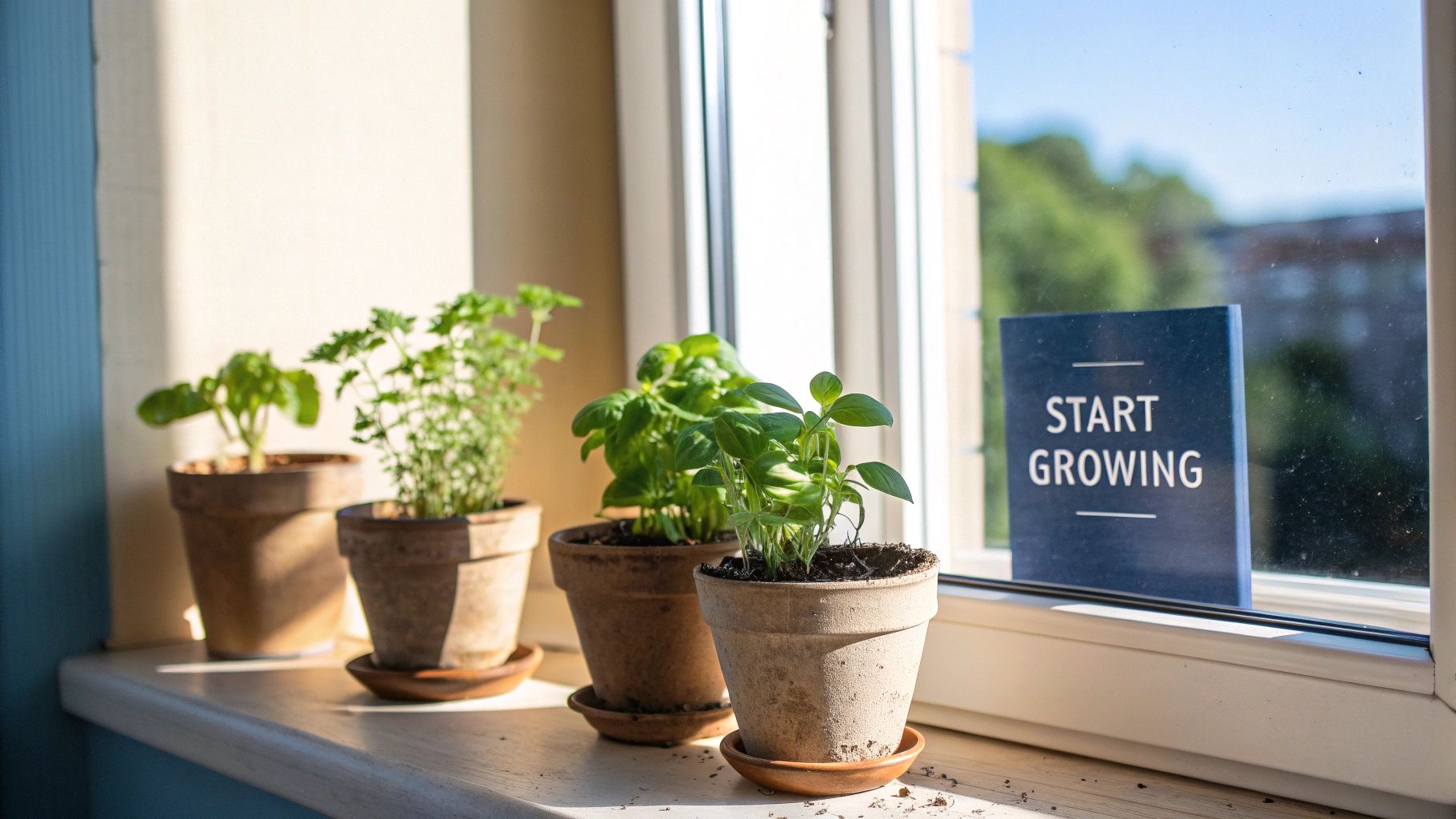 A variety of fresh herbs and edible plants growing in pots on an indoor shelf.