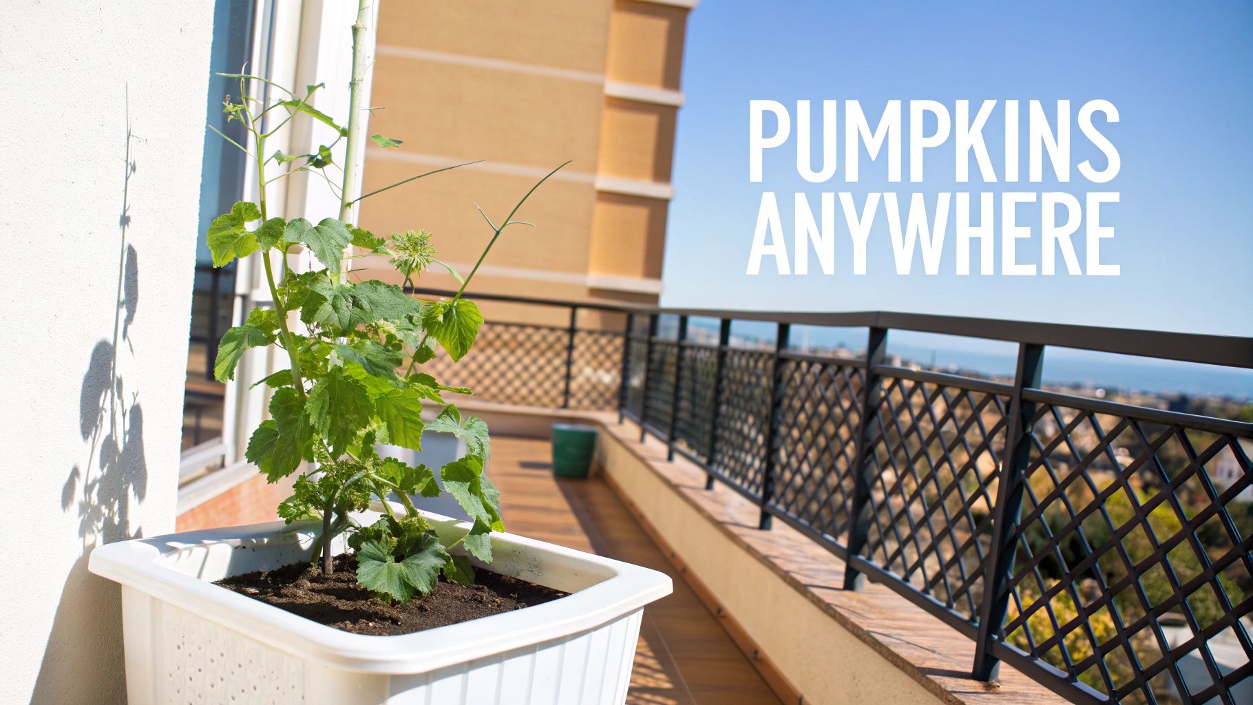 Pumpkin plant growing in white container on sunny apartment balcony with metal railing