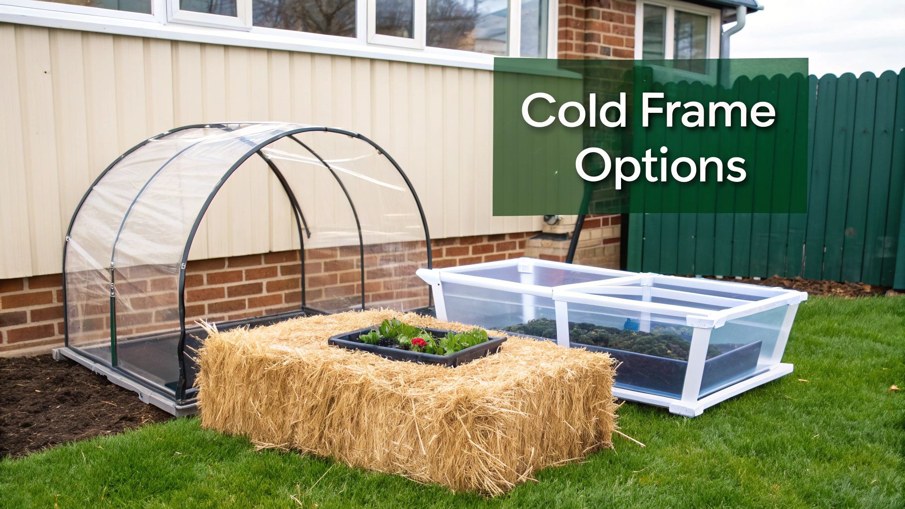 Various cold frame options displayed in a garden, including tunnel, hay bale, and rectangular designs.