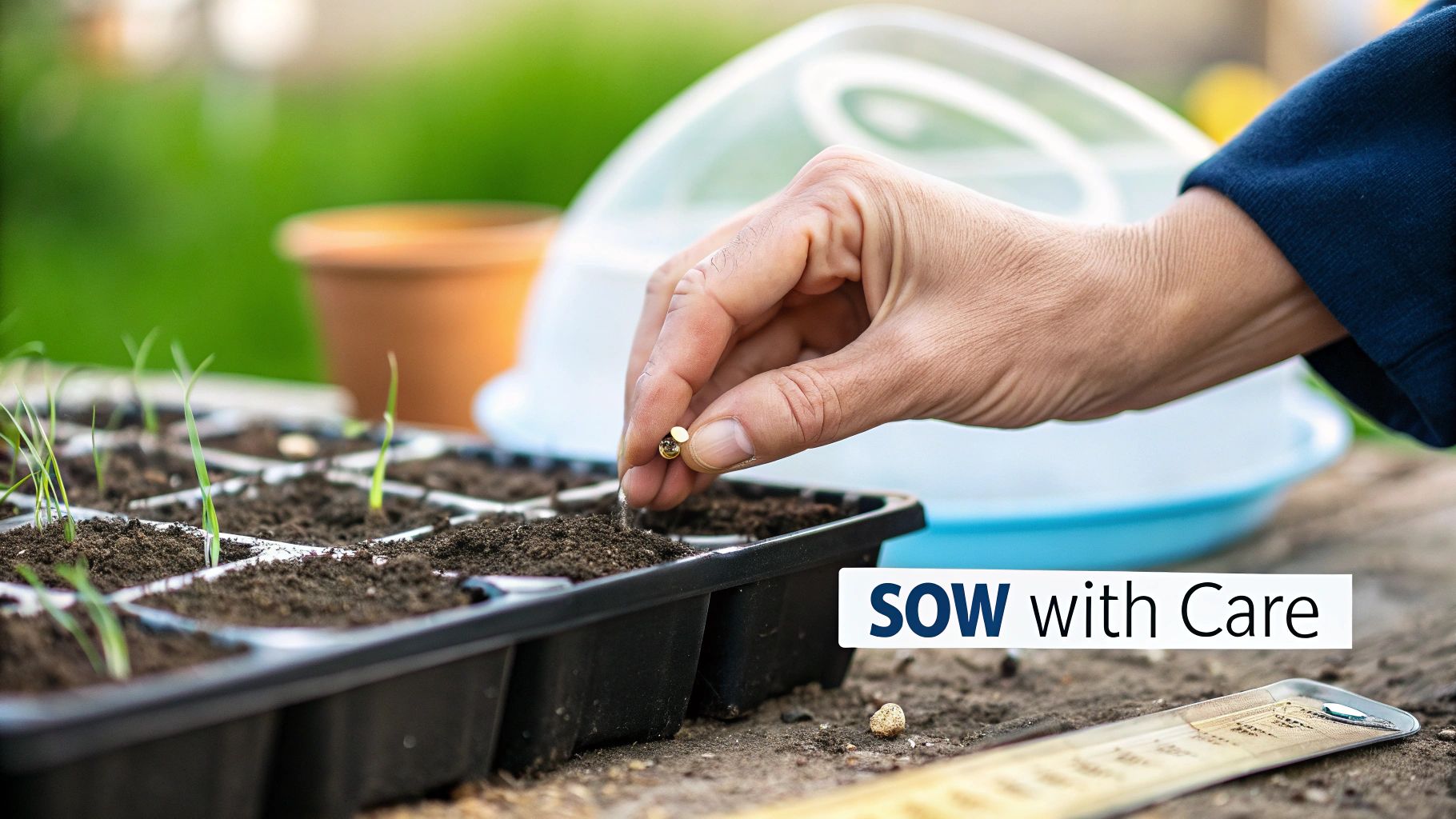 A hand carefully places a small seed into a cell of a seedling tray with young green sprouts.