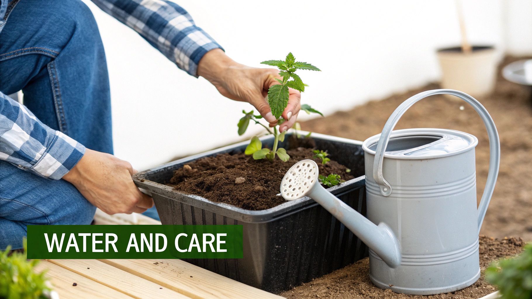 A person carefully plants a small green seedling into a black garden planter next to a watering can.