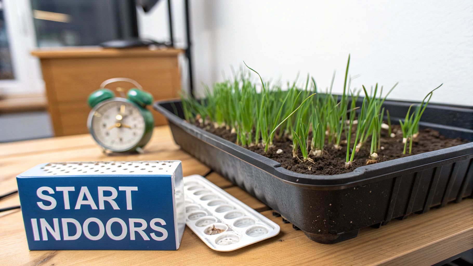 A gardener's hands sowing tiny onion seeds directly into a well-prepared garden bed.