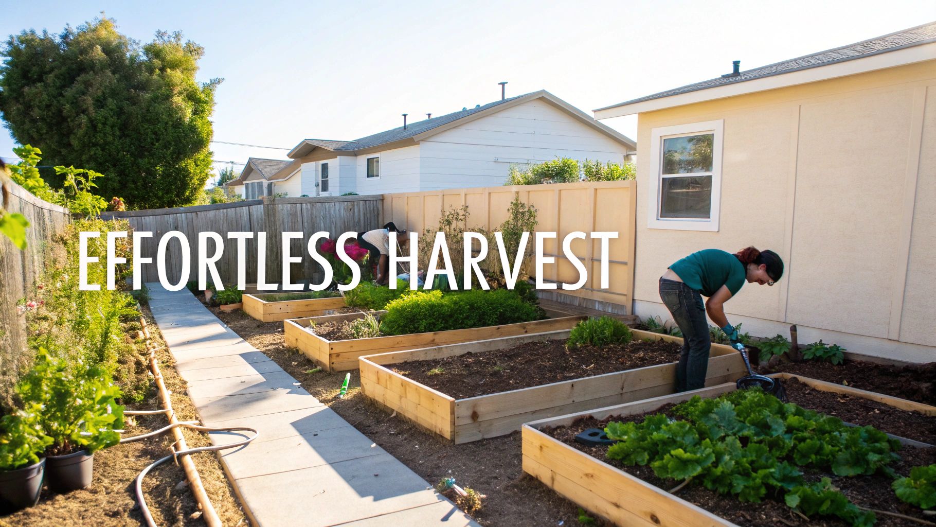 Two people are gardening in a sunny backyard with several raised wooden beds and green plants.