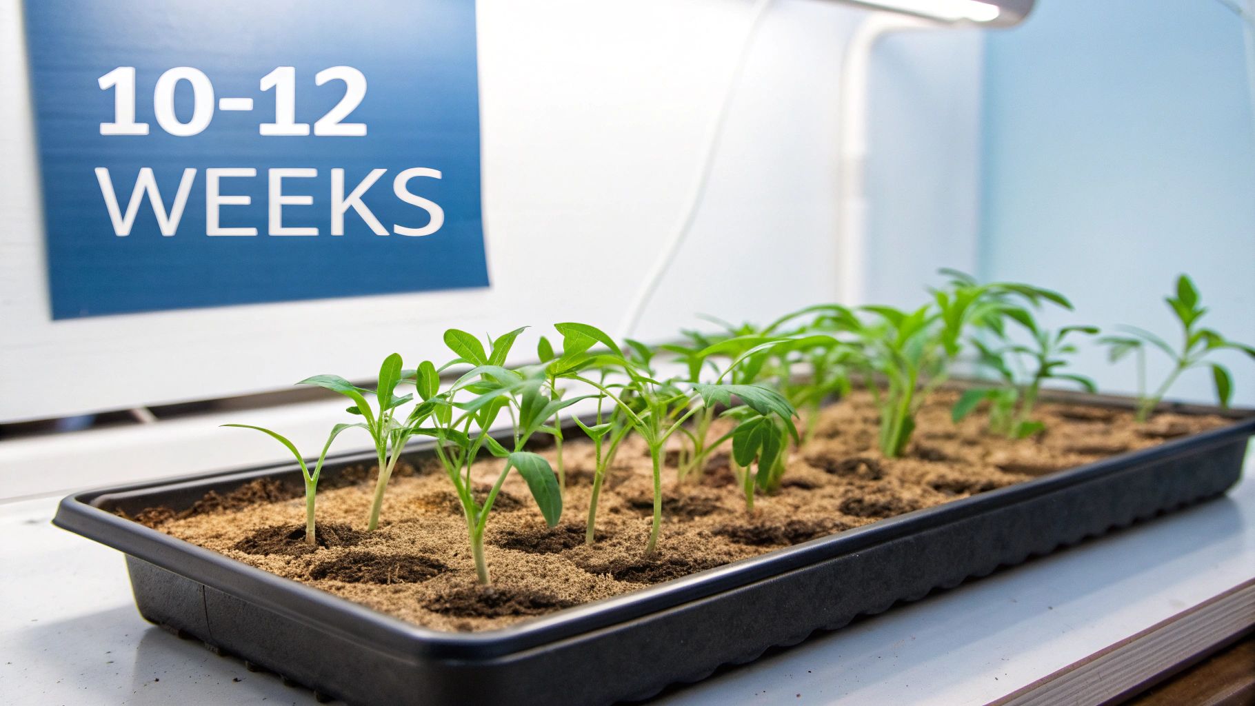 A healthy tomato seedling being held in a hand, ready for transplanting.