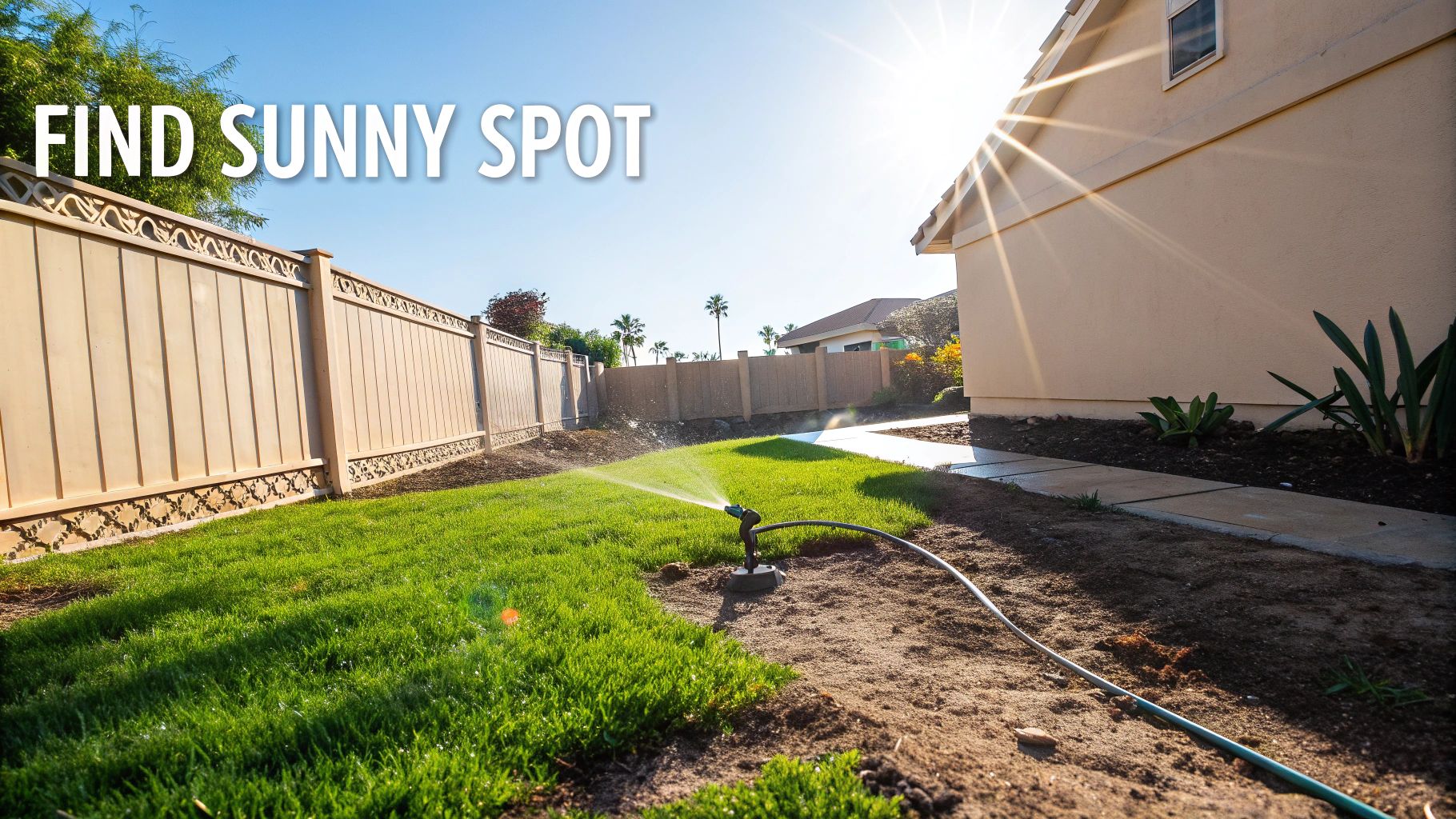 A woman in a sun hat is carefully examining the leaves of a young plant in a sunny garden.