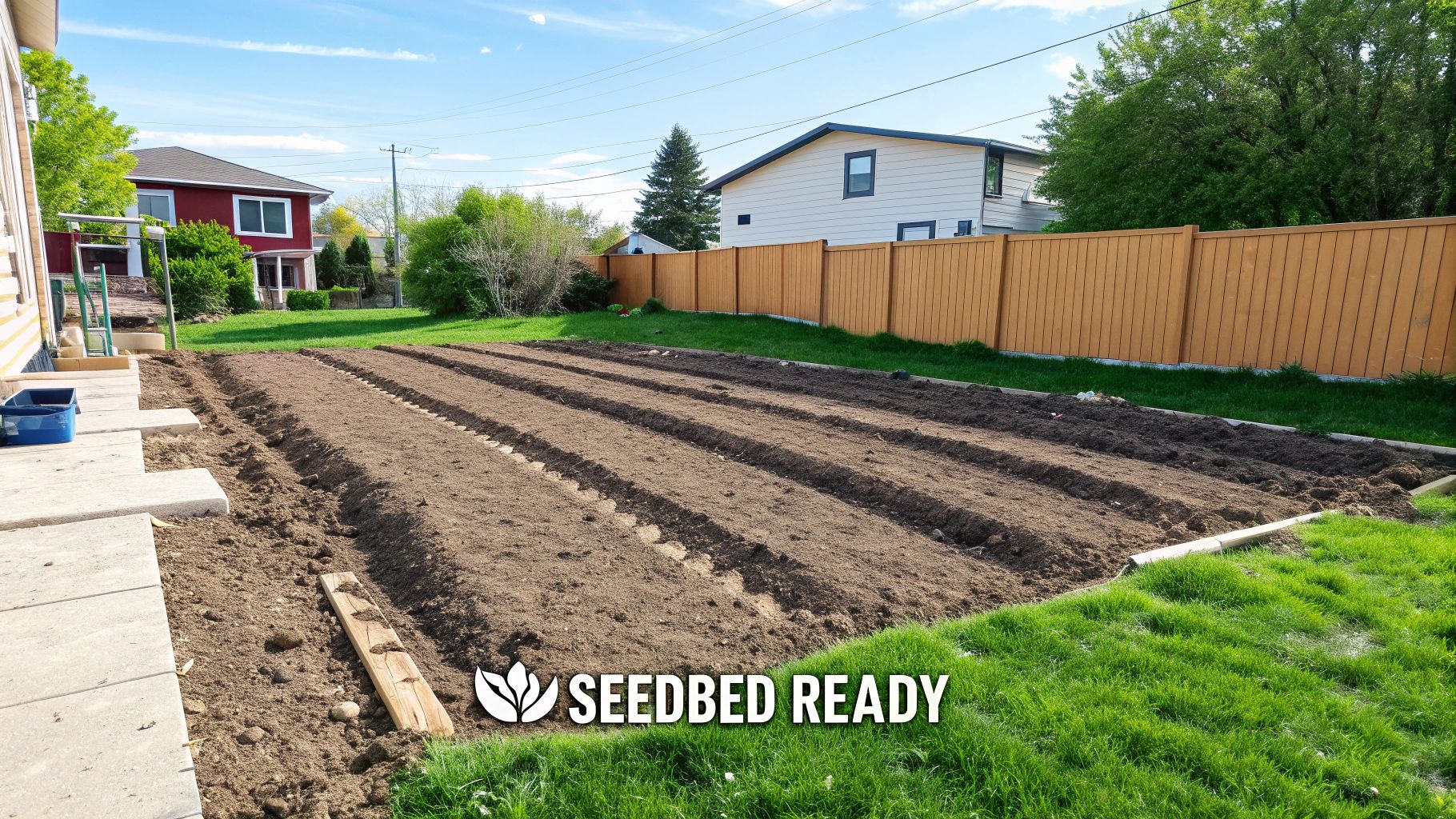 A gardener raking soil smooth in a prepared garden bed.