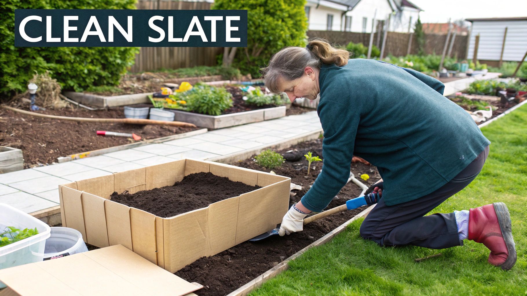 A gardener clearing weeds from a garden bed with a garden fork.