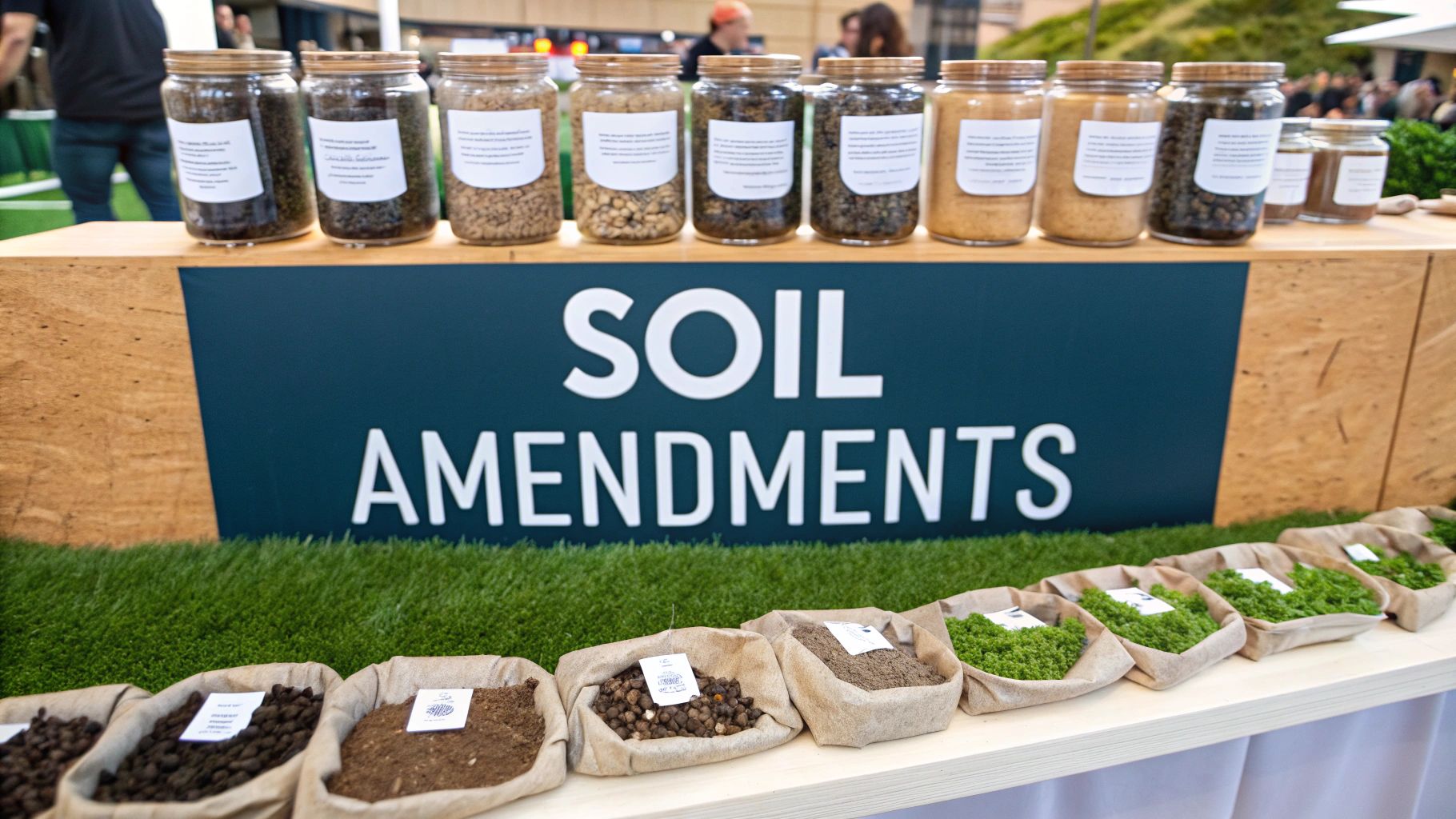 Gardener adding compost amendment to a wheelbarrow of soil.