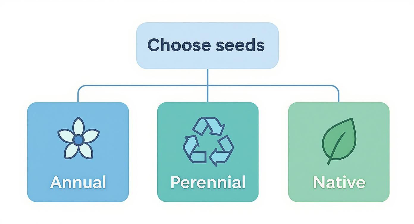 A flowchart showing how to choose seeds with three categories: Annual, Perennial, and Native.