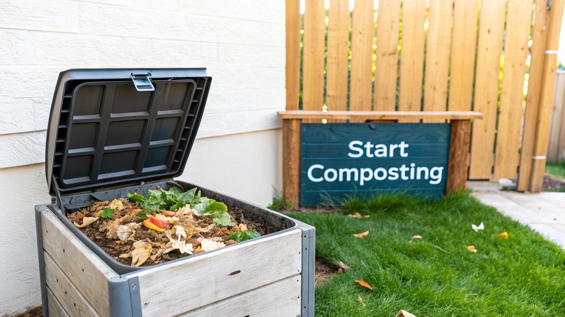 An open compost bin full of organic waste sits next to a 'Start Composting' sign and a wooden fence.