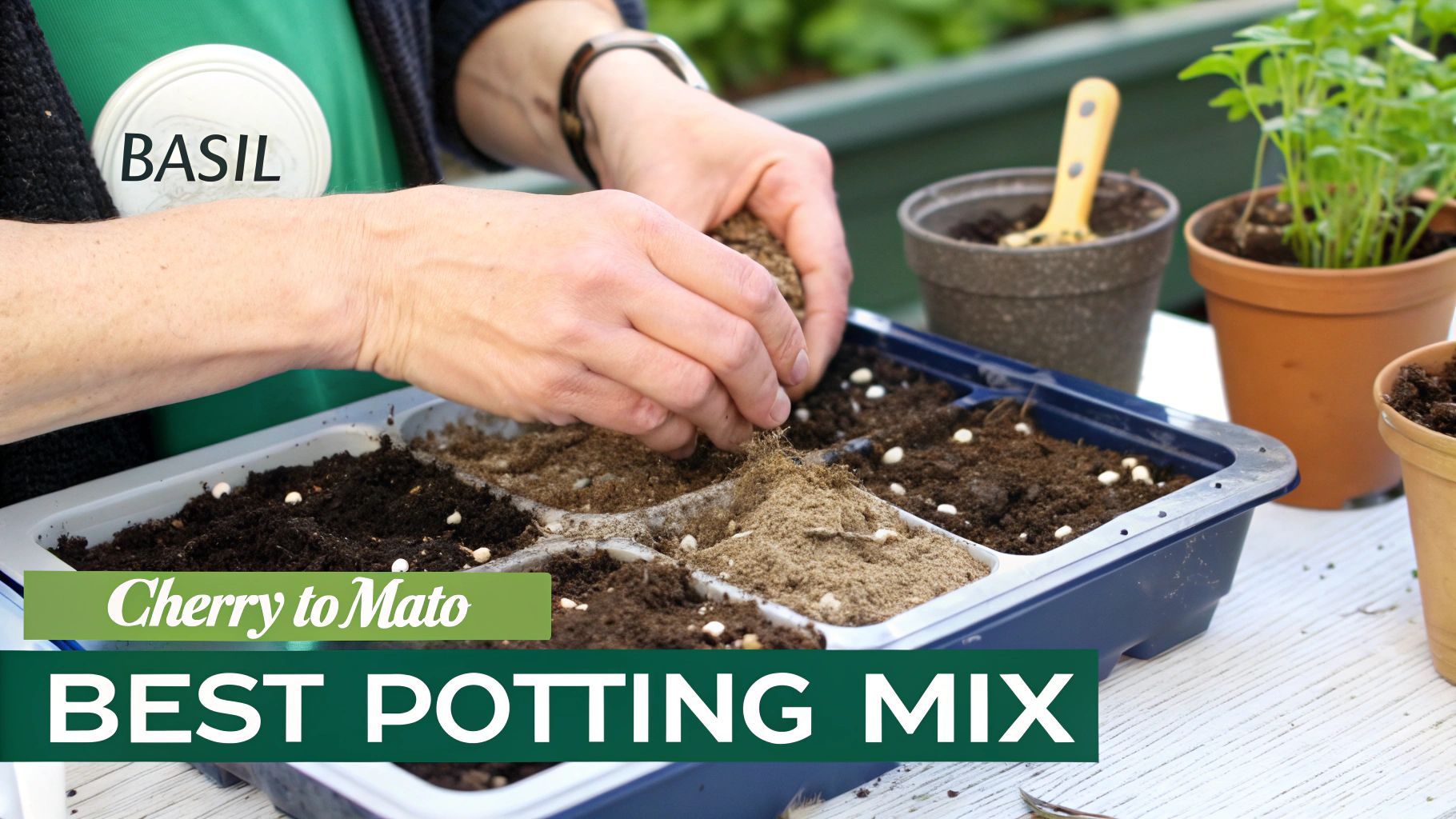 Hands filling a seed tray with potting mix, preparing to plant basil, with other plants nearby.